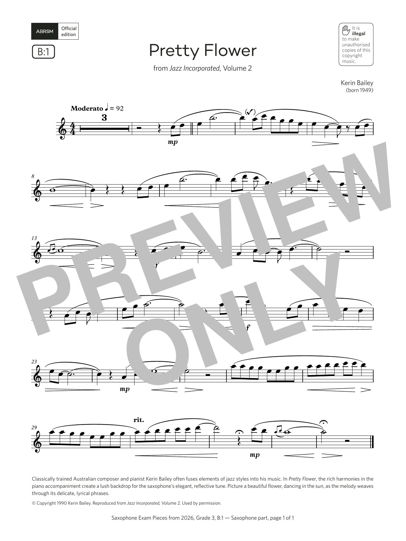 Kerin Bailey Pretty Flower (Grade 3, list B1, from the ABRSM Saxophone Syllabus from 2026) sheet music notes and chords arranged for Alto Sax Solo
