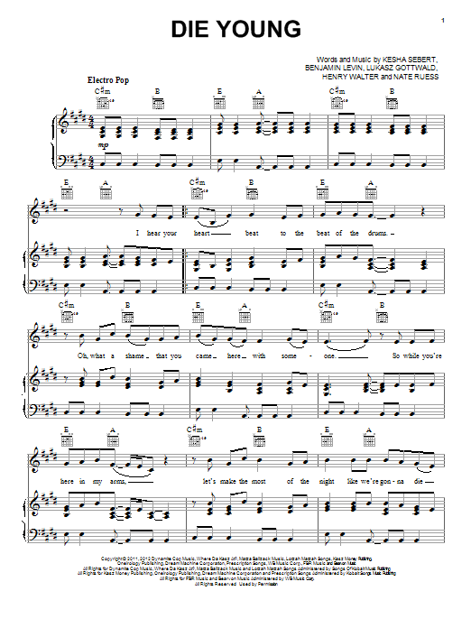 Ke$ha Die Young sheet music notes and chords arranged for Piano, Vocal & Guitar Chords (Right-Hand Melody)