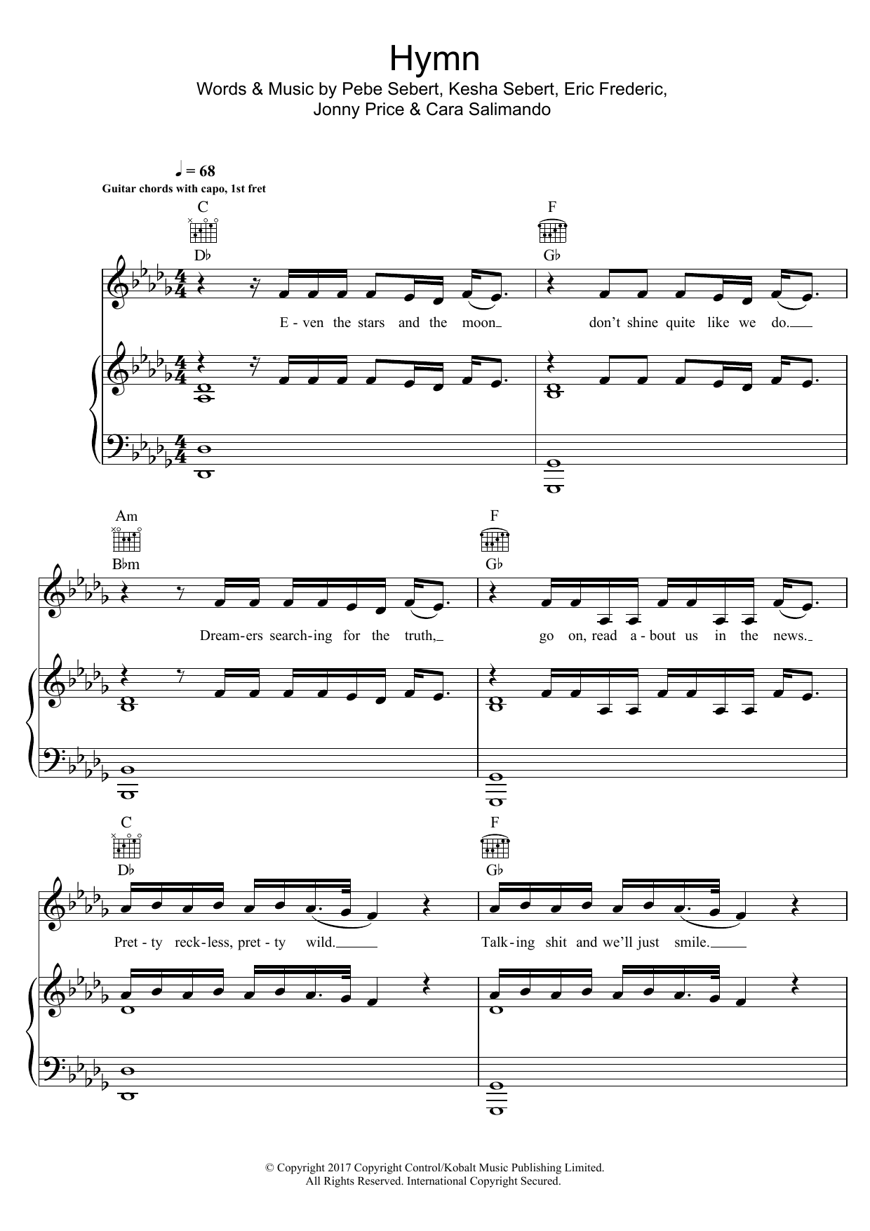 Kesha Hymn sheet music notes and chords arranged for Piano, Vocal & Guitar Chords
