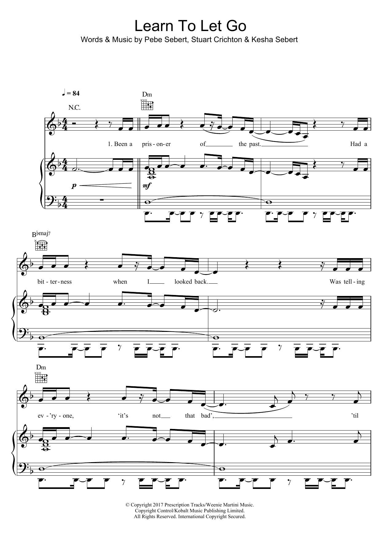 Kesha Learn To Let Go sheet music notes and chords arranged for Piano, Vocal & Guitar Chords
