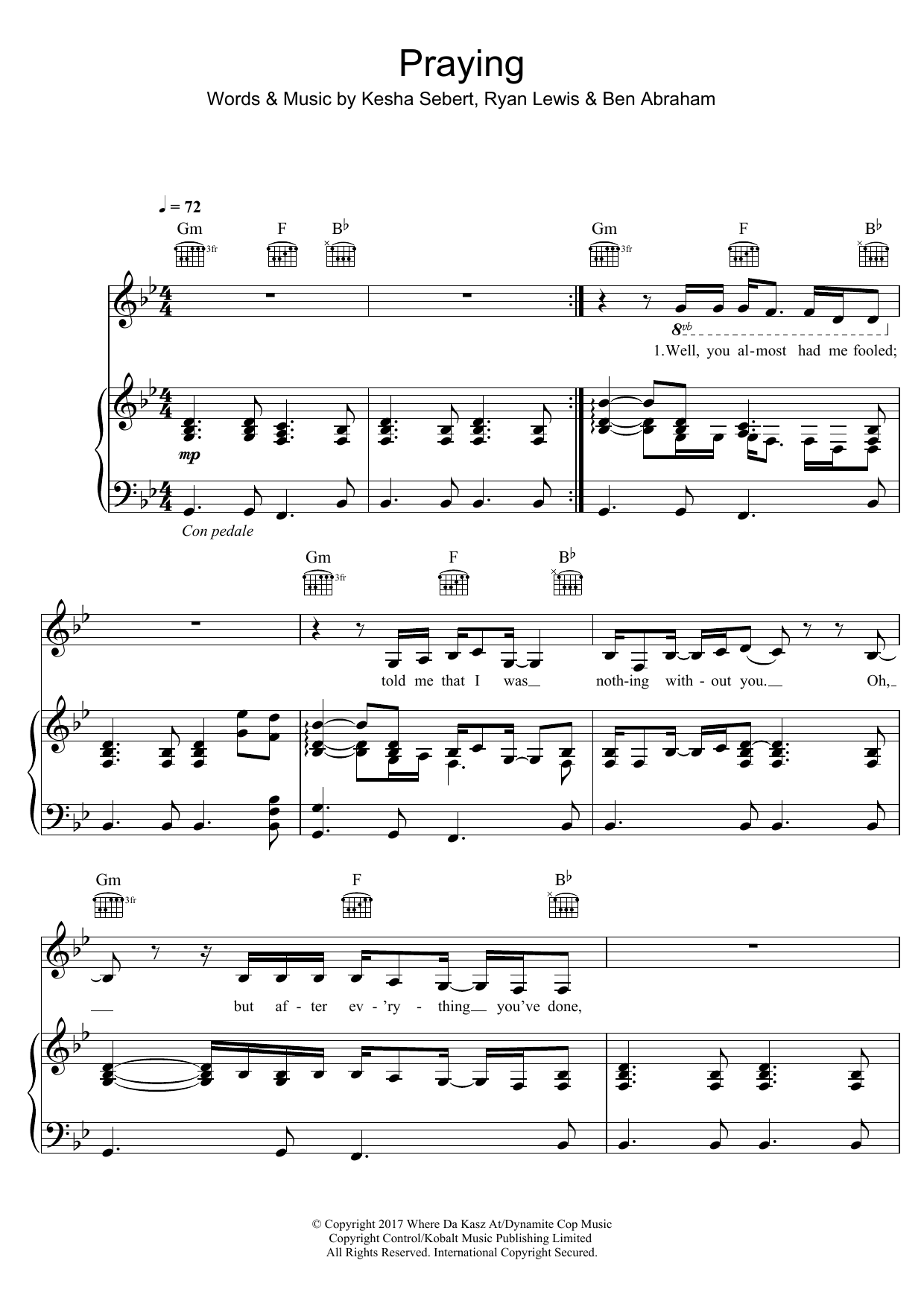 Kesha Praying sheet music notes and chords arranged for Easy Piano