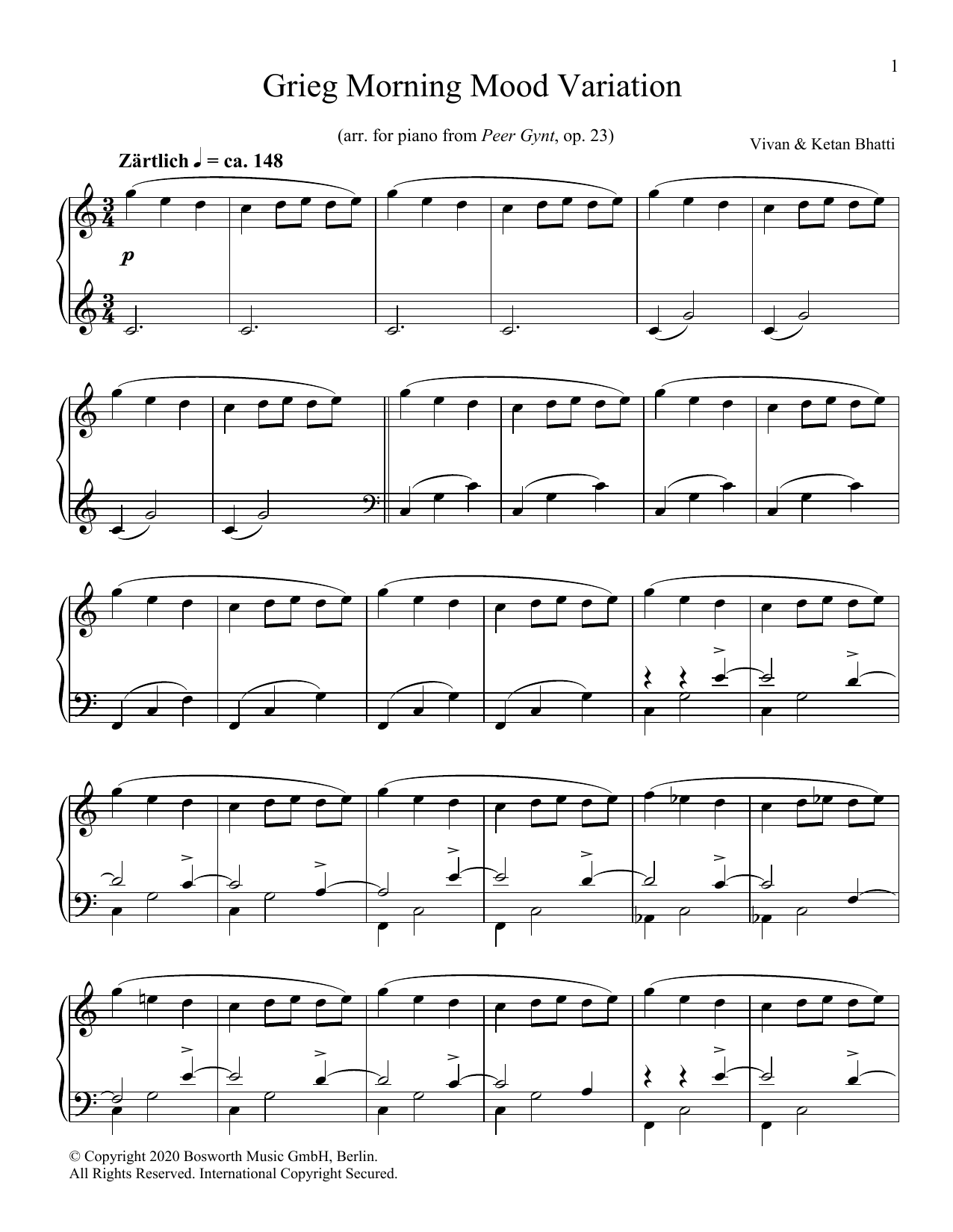 Ketan & Vivan Bhatti Grieg Morning Mood Variation sheet music notes and chords arranged for Piano Solo