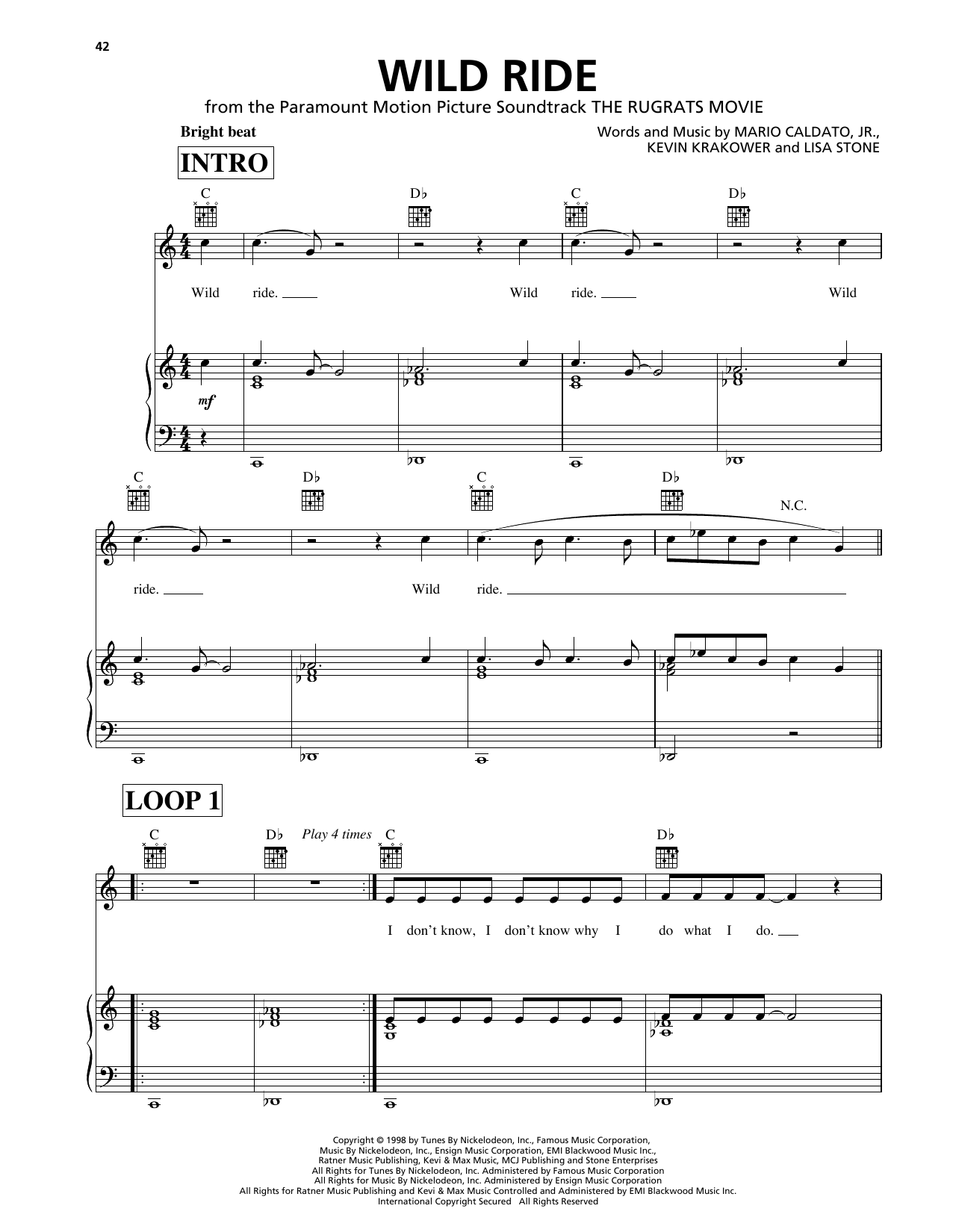 Kevi of 1000 Clowns & Lisa Stone Wild Ride (from The Rugrats Movie) sheet music notes and chords arranged for Piano, Vocal & Guitar Chords (Right-Hand Melody)