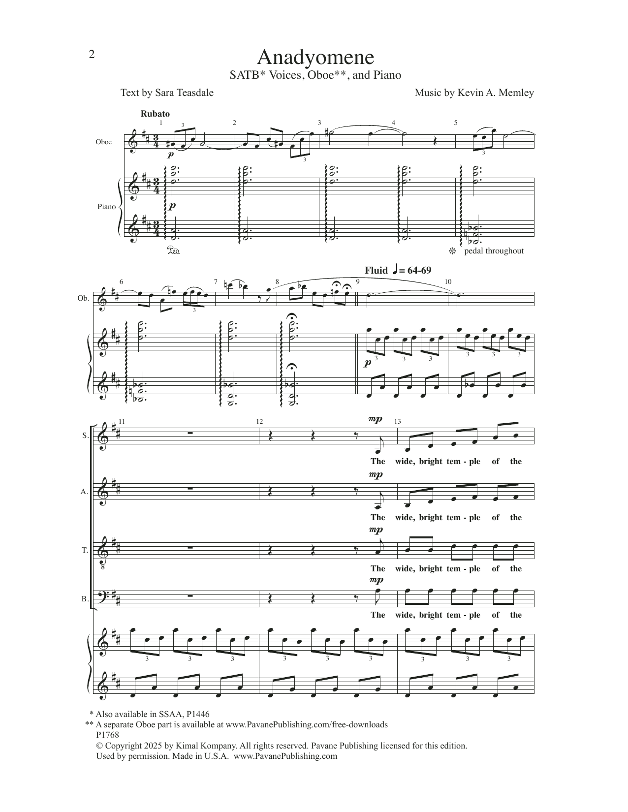 Kevin A. Memley Anadyomene sheet music notes and chords arranged for SATB Choir