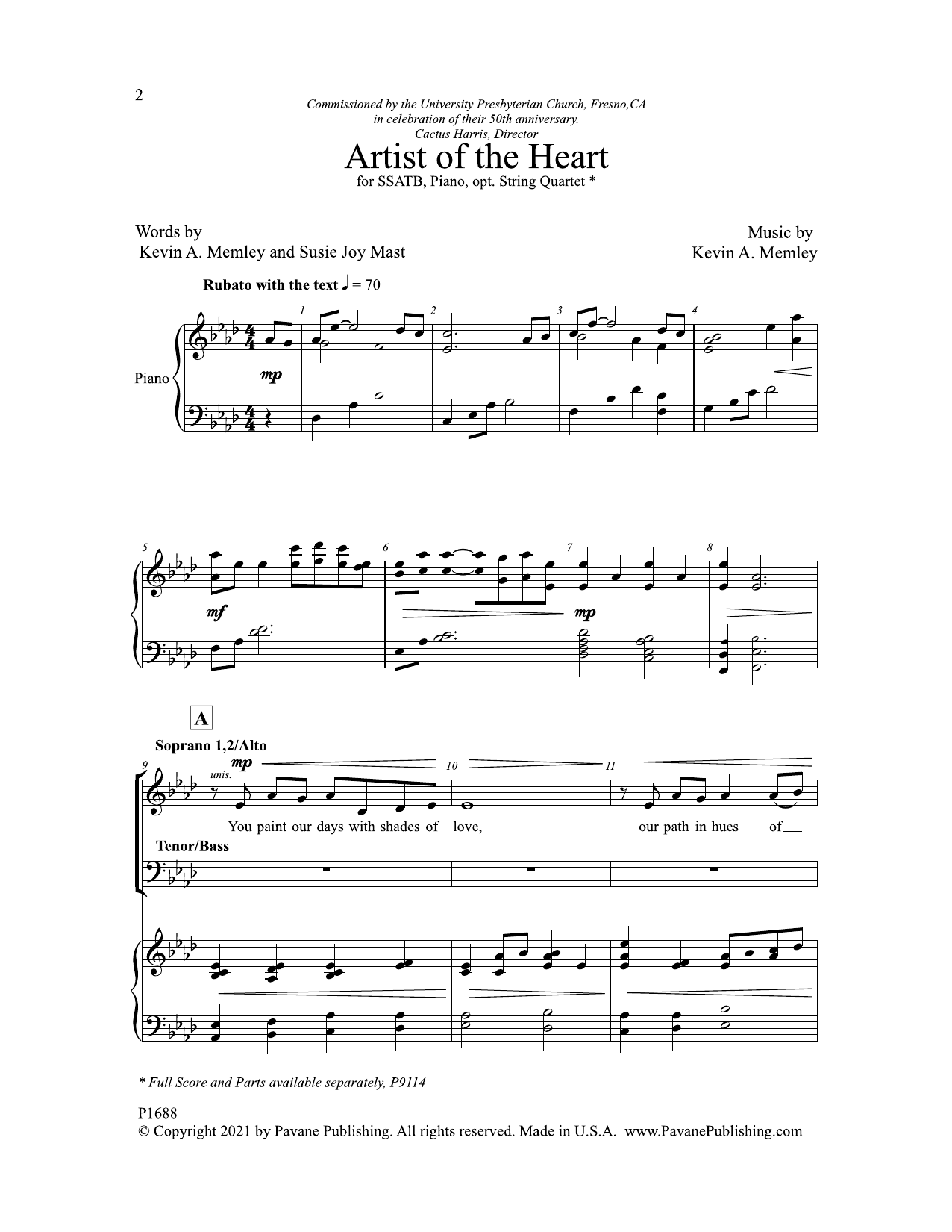 Kevin A. Memley and Susie Joy Mast Artist of the Heart sheet music notes and chords arranged for SATB Choir