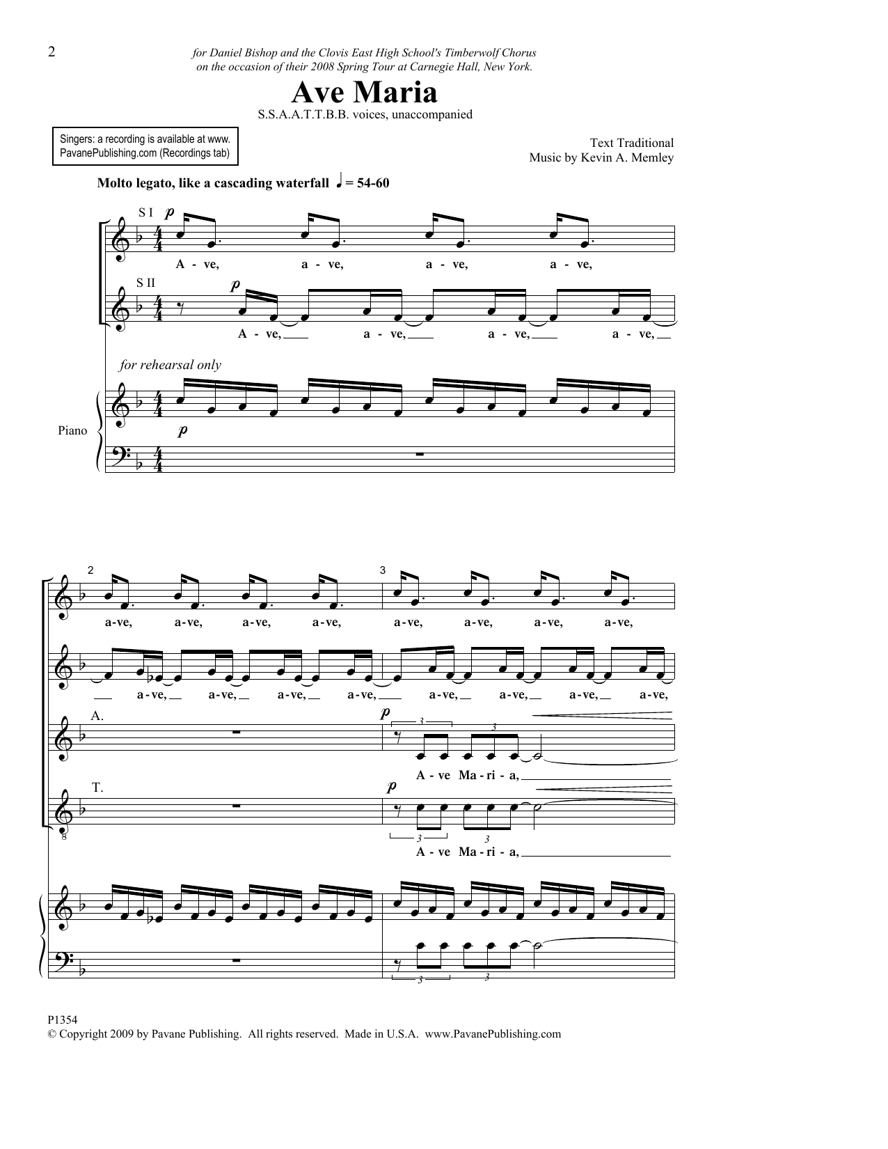 Kevin A. Memley Ave Maria sheet music notes and chords arranged for SATB Choir