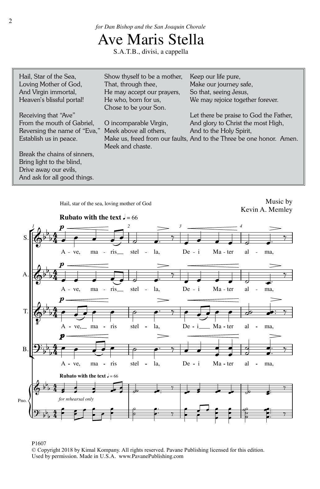 Kevin A. Memley Ave Maris Stella sheet music notes and chords arranged for SATB Choir