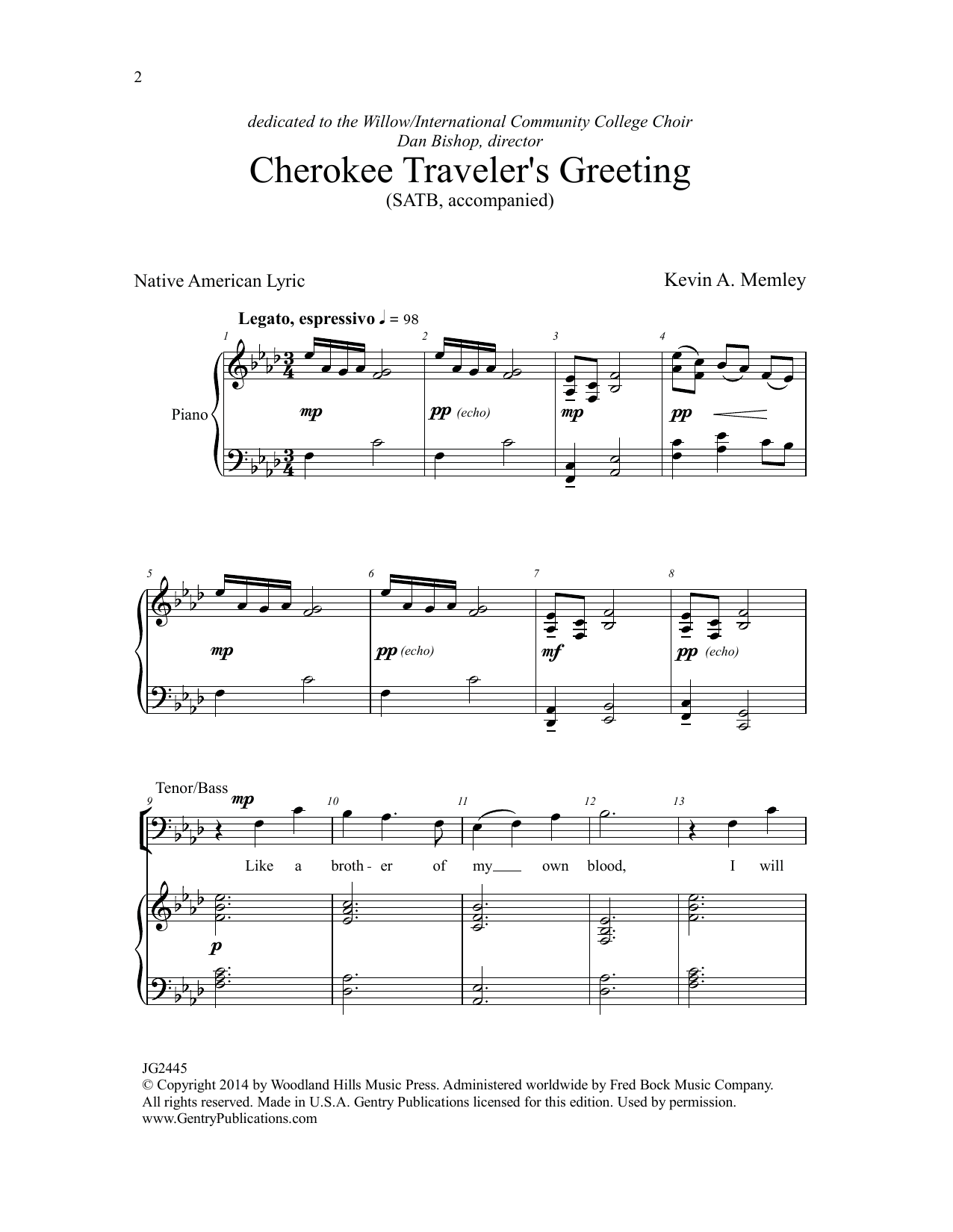 Kevin A. Memley Cherokee Traveler's Greeting sheet music notes and chords arranged for TTBB Choir