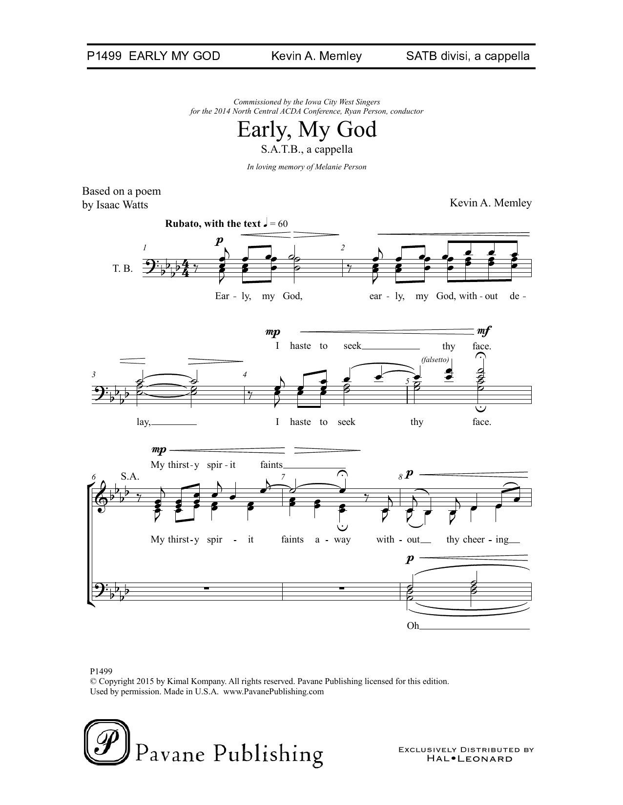 Kevin A. Memley Early, My God sheet music notes and chords arranged for SATB Choir
