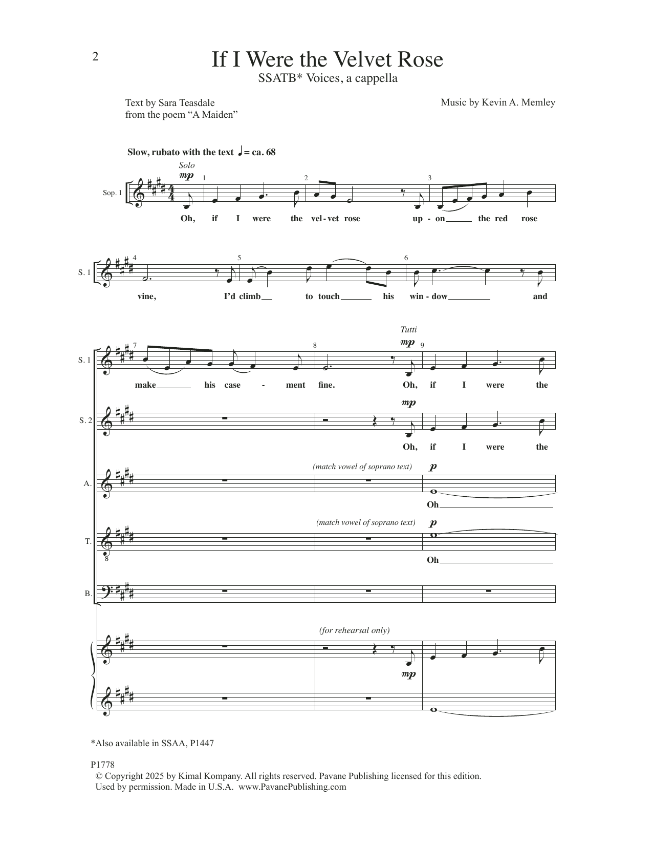 Kevin A. Memley If I Were the Velvet Rose sheet music notes and chords arranged for SSATB Choir