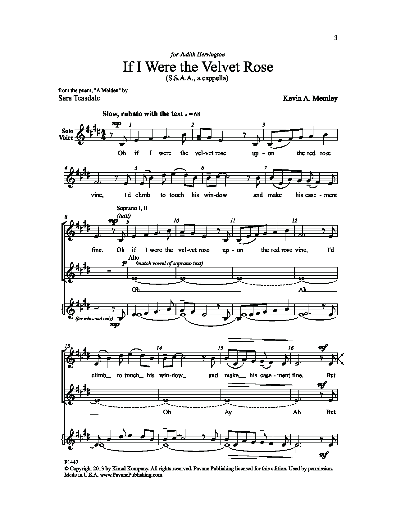 Kevin A. Memley If I Were the Velvet Rose (of Love) sheet music notes and chords arranged for SSAA Choir