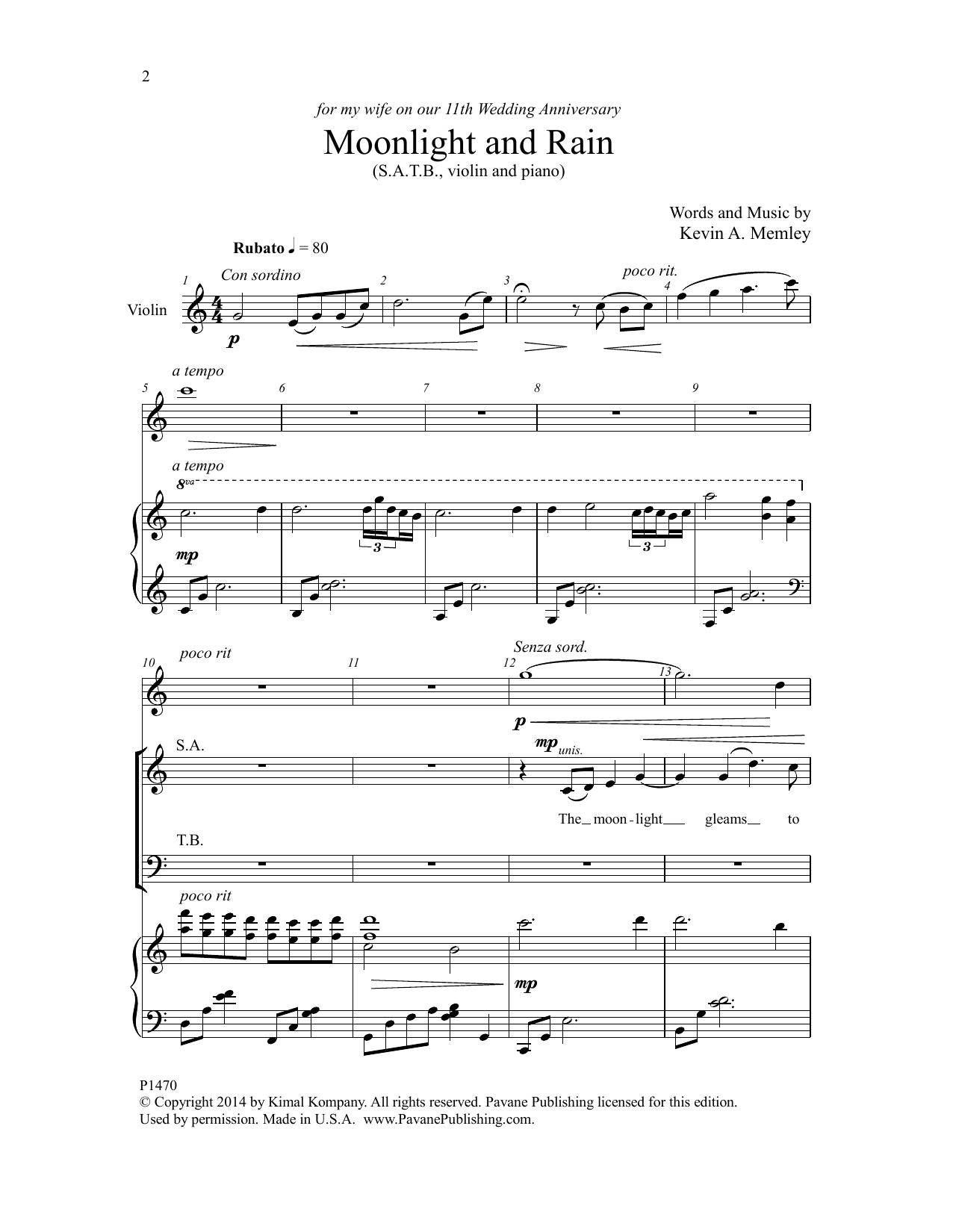 Kevin A. Memley Moonlight and Rain sheet music notes and chords arranged for SATB Choir