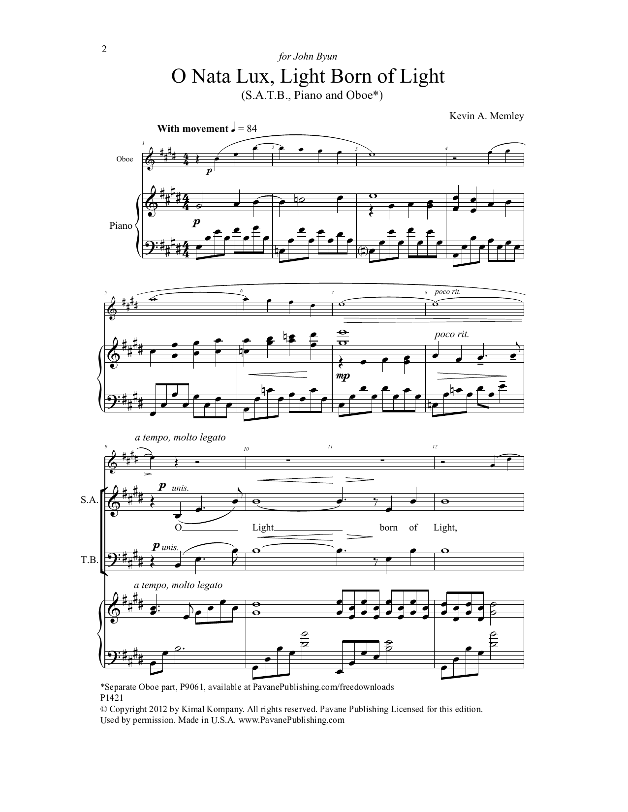 Kevin A. Memley O Nata Lux, Born of Light sheet music notes and chords arranged for SATB Choir