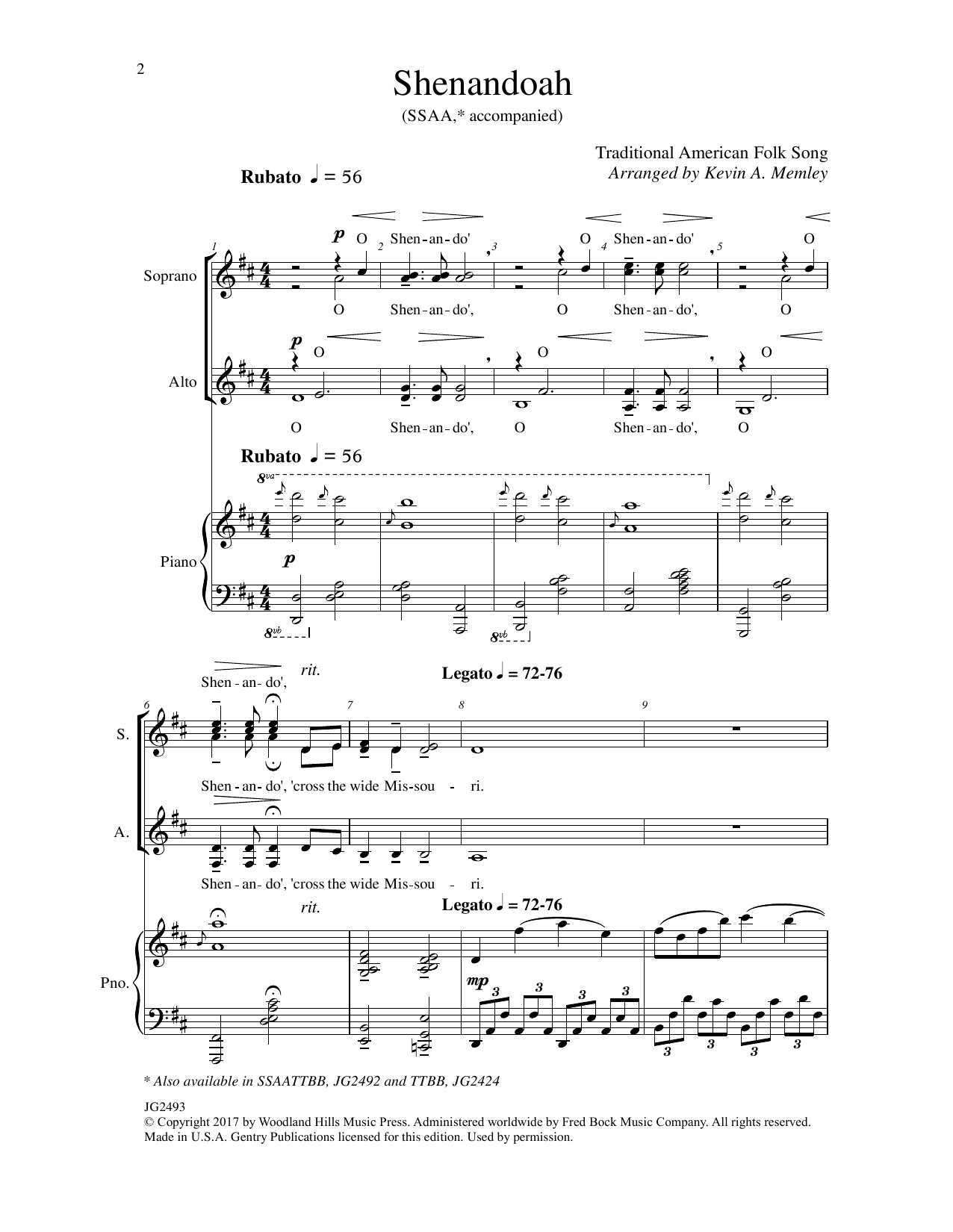 Kevin A. Memley Shenandoah sheet music notes and chords arranged for SSAATTBB Choir