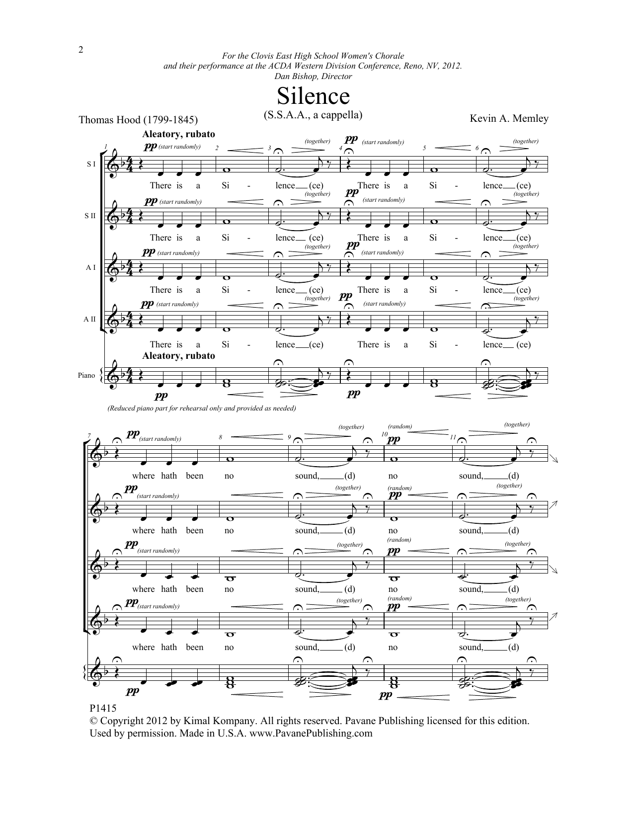 Kevin A. Memley Silence sheet music notes and chords arranged for SSAA Choir