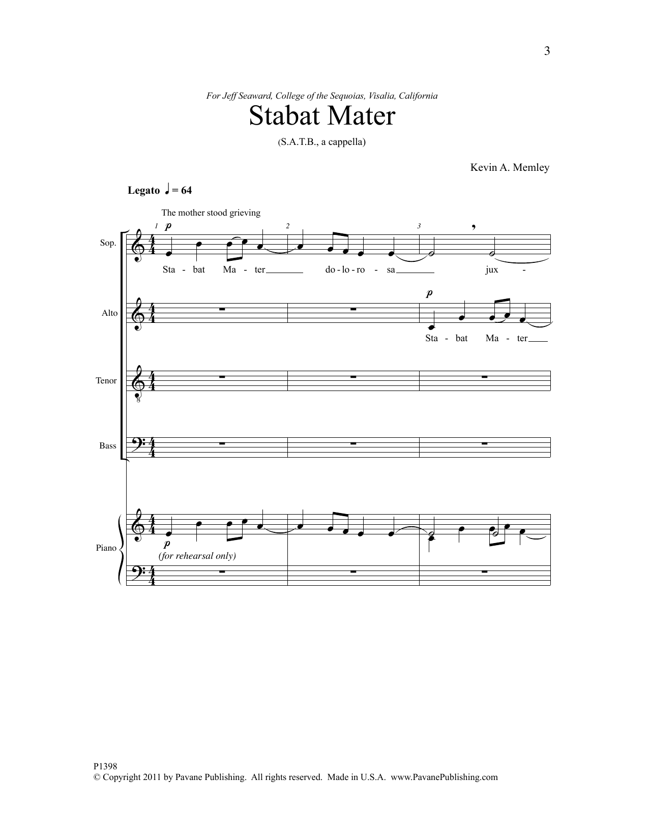 Kevin A. Memley Stabat Mater sheet music notes and chords arranged for SATB Choir