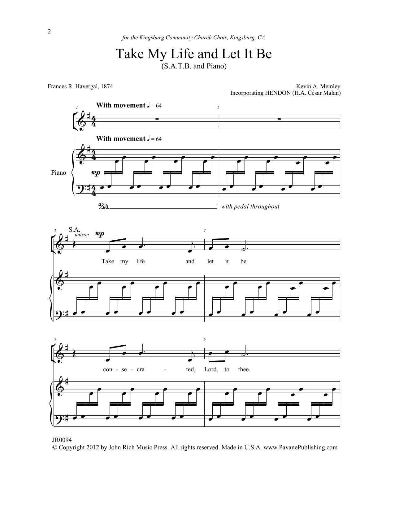 Kevin A. Memley Take My Life and Let It Be sheet music notes and chords arranged for SATB Choir
