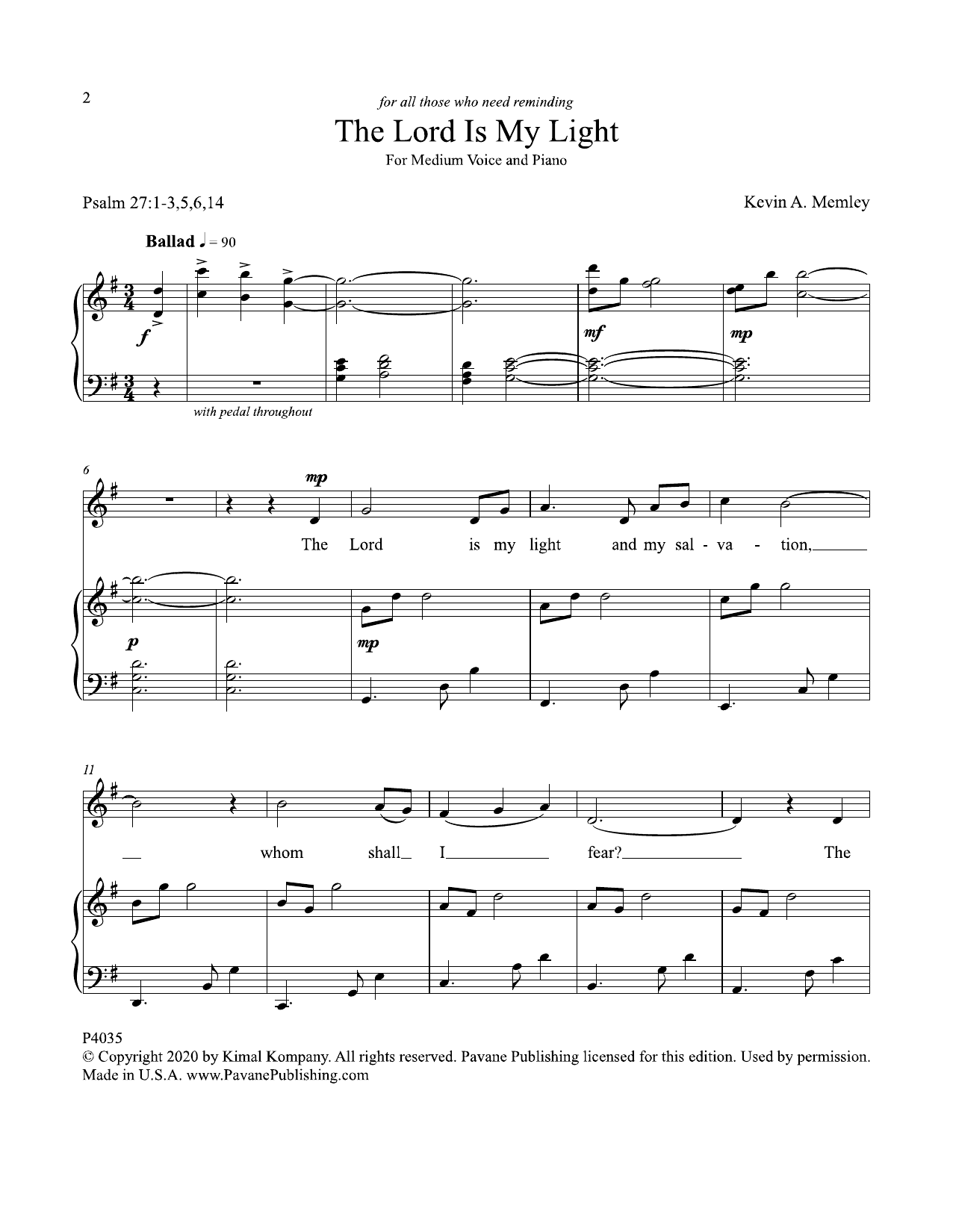 Kevin A. Memley The Lord Is My Light sheet music notes and chords arranged for Piano & Vocal