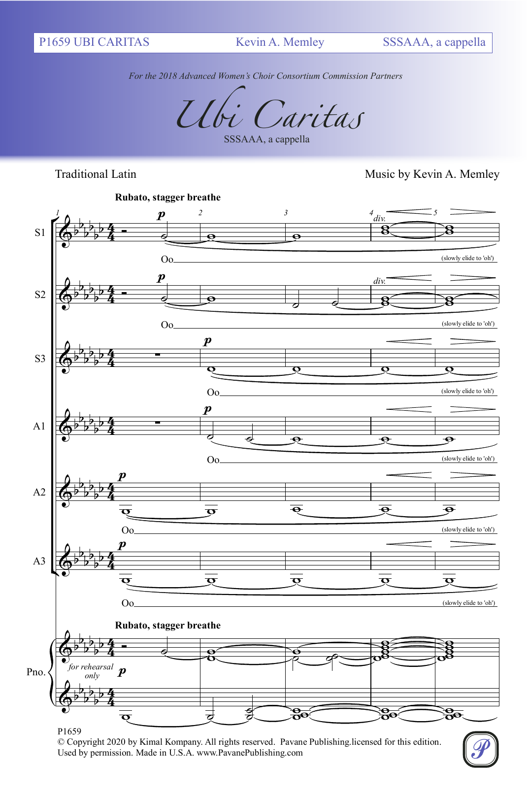 Kevin A. Memley Ubi Caritas sheet music notes and chords arranged for SSA Choir