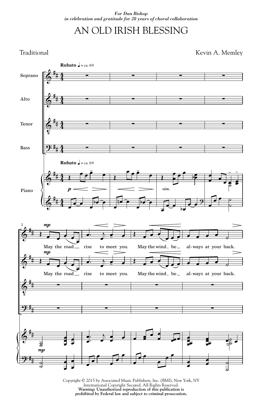 Kevin Memley An Old Irish Blessing sheet music notes and chords arranged for SATB Choir