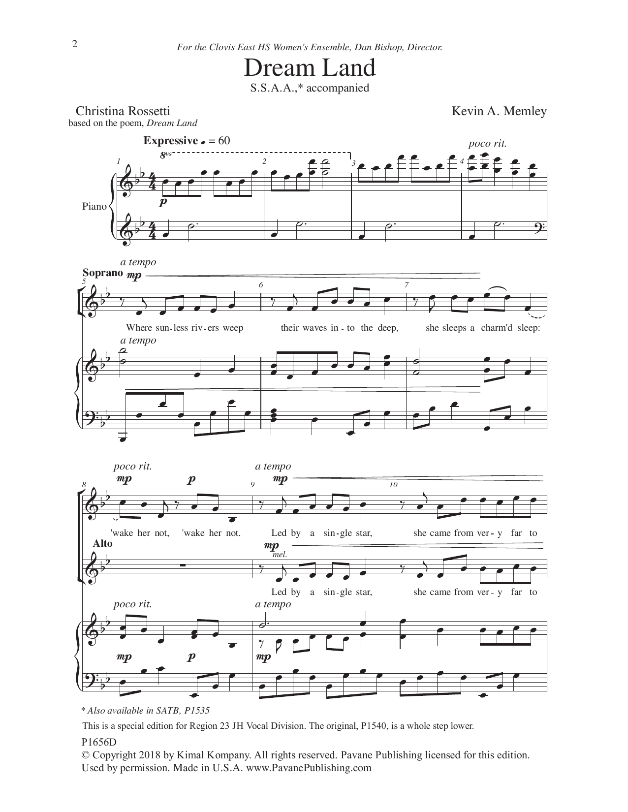 Kevin Memley Dream Land (arr. Christina Rossetti) sheet music notes and chords arranged for SSAA Choir