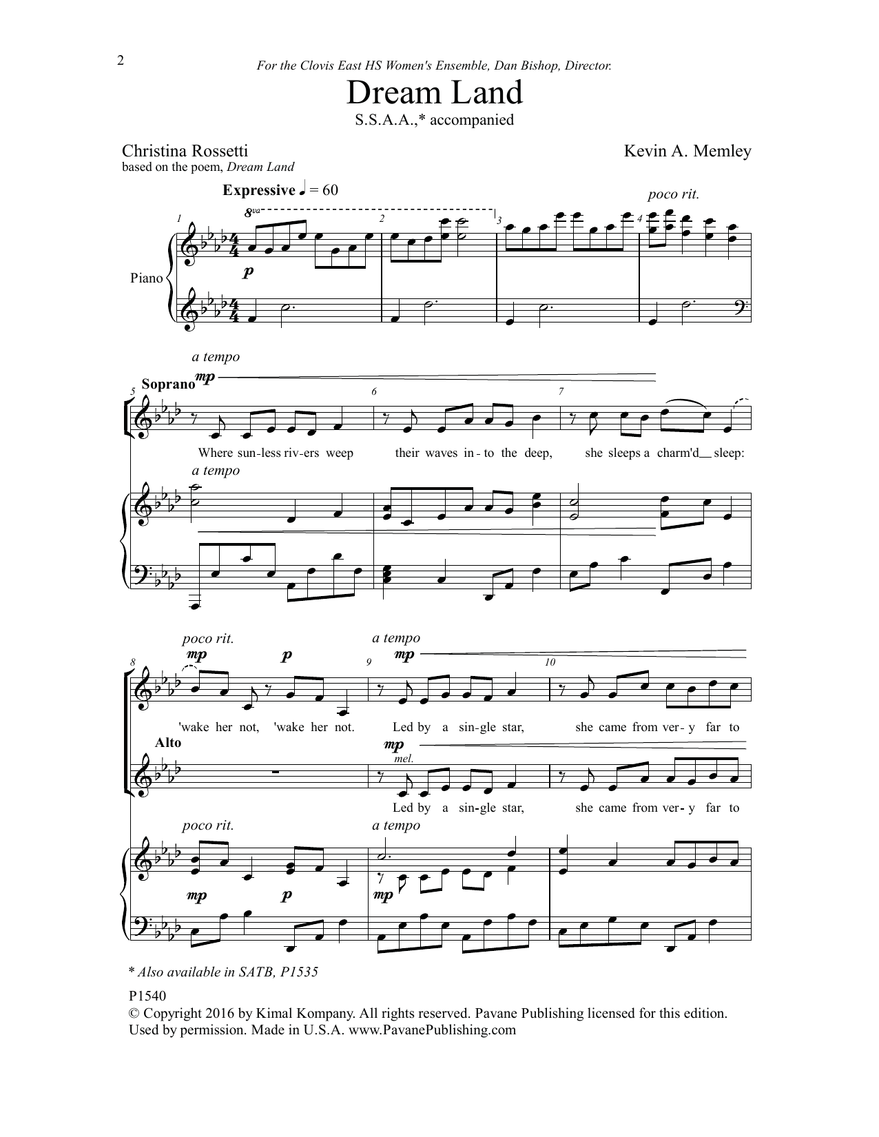 Kevin Memley Dream Land sheet music notes and chords arranged for SSAA Choir