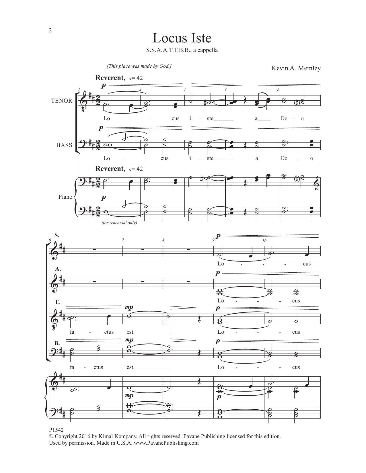 Kevin Memley Locus Iste sheet music notes and chords arranged for TTBB Choir