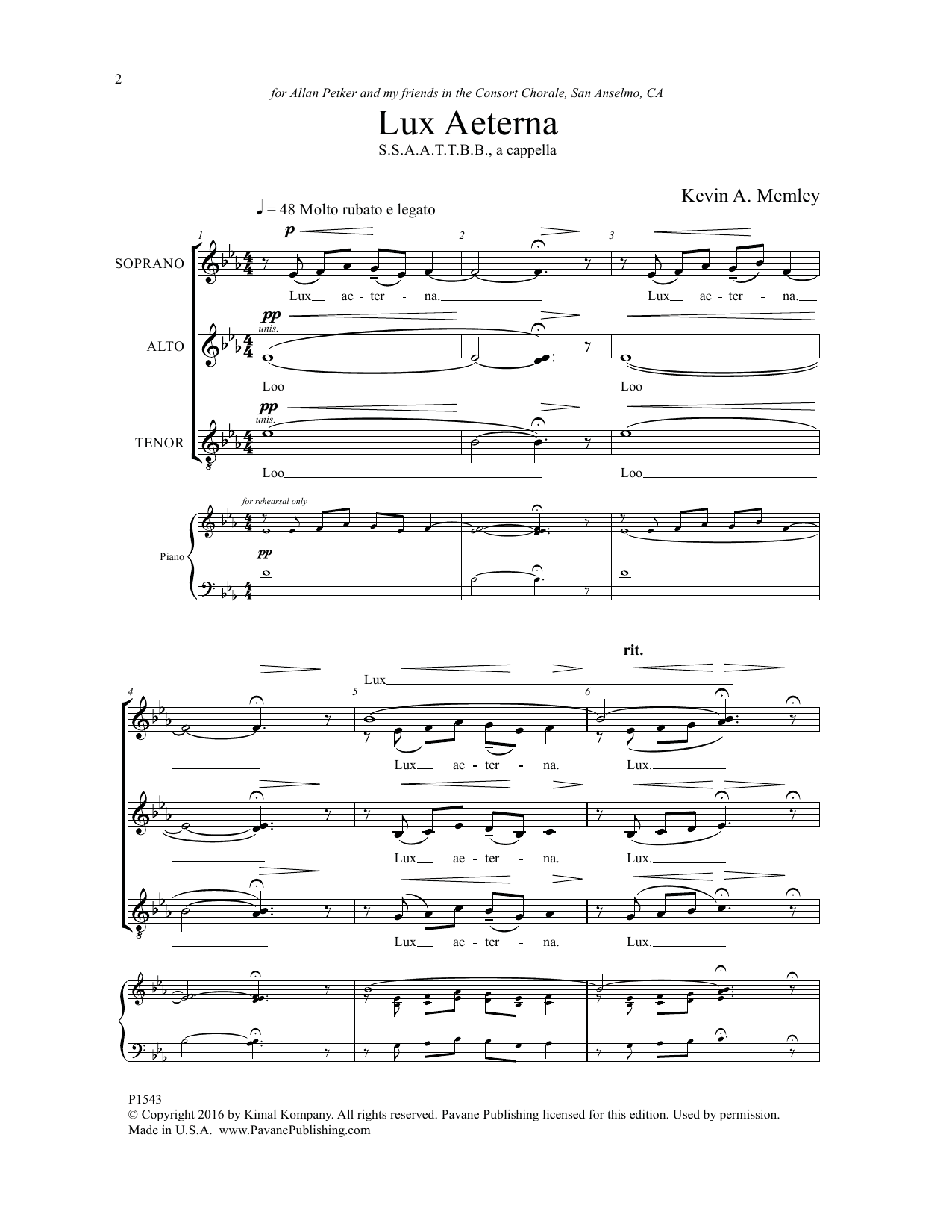 Kevin Memley Lux Aeterna sheet music notes and chords arranged for SSAATTBB Choir