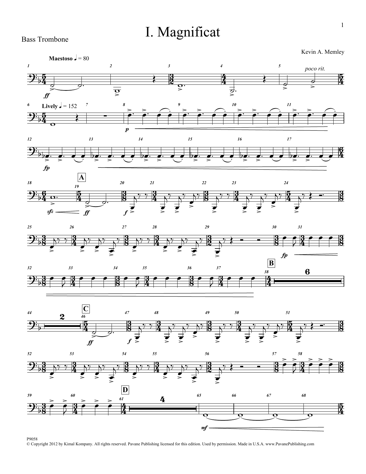 Kevin Memley Magnificat (Brass and Percussion) (Parts) - Bass Trombone sheet music notes and chords arranged for Choir Instrumental Pak