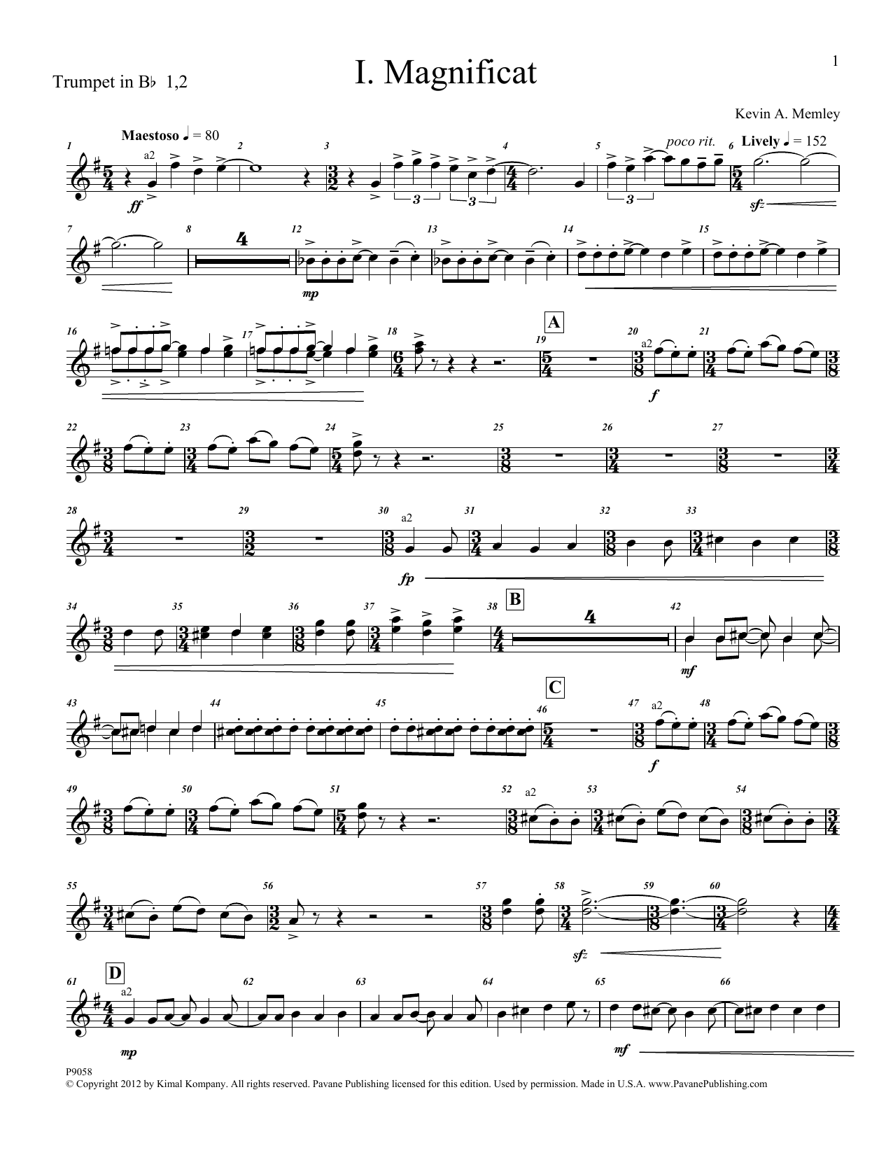 Kevin Memley Magnificat (Brass and Percussion) (Parts) - Bb Trumpet 1,2 sheet music notes and chords arranged for Choir Instrumental Pak