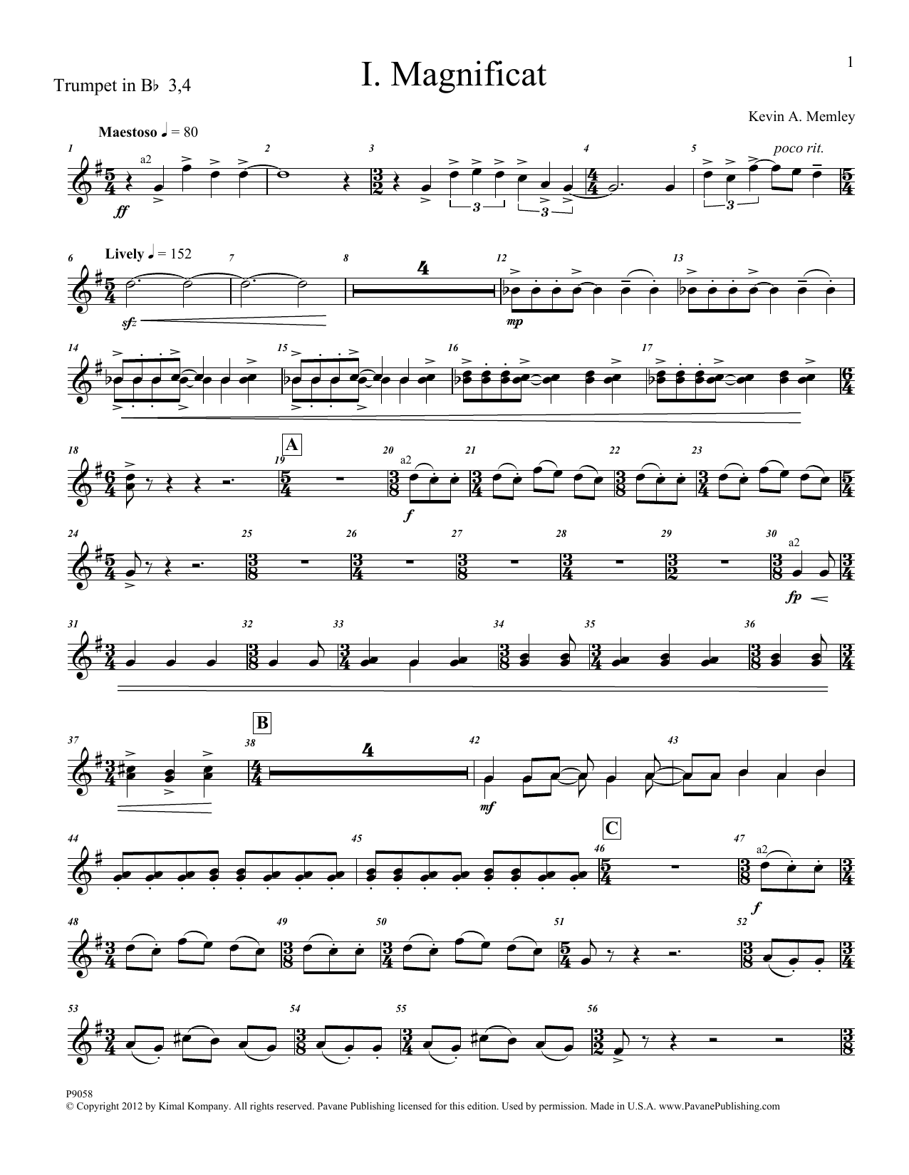 Kevin Memley Magnificat (Brass and Percussion) (Parts) - Bb Trumpet 3,4 sheet music notes and chords arranged for Choir Instrumental Pak
