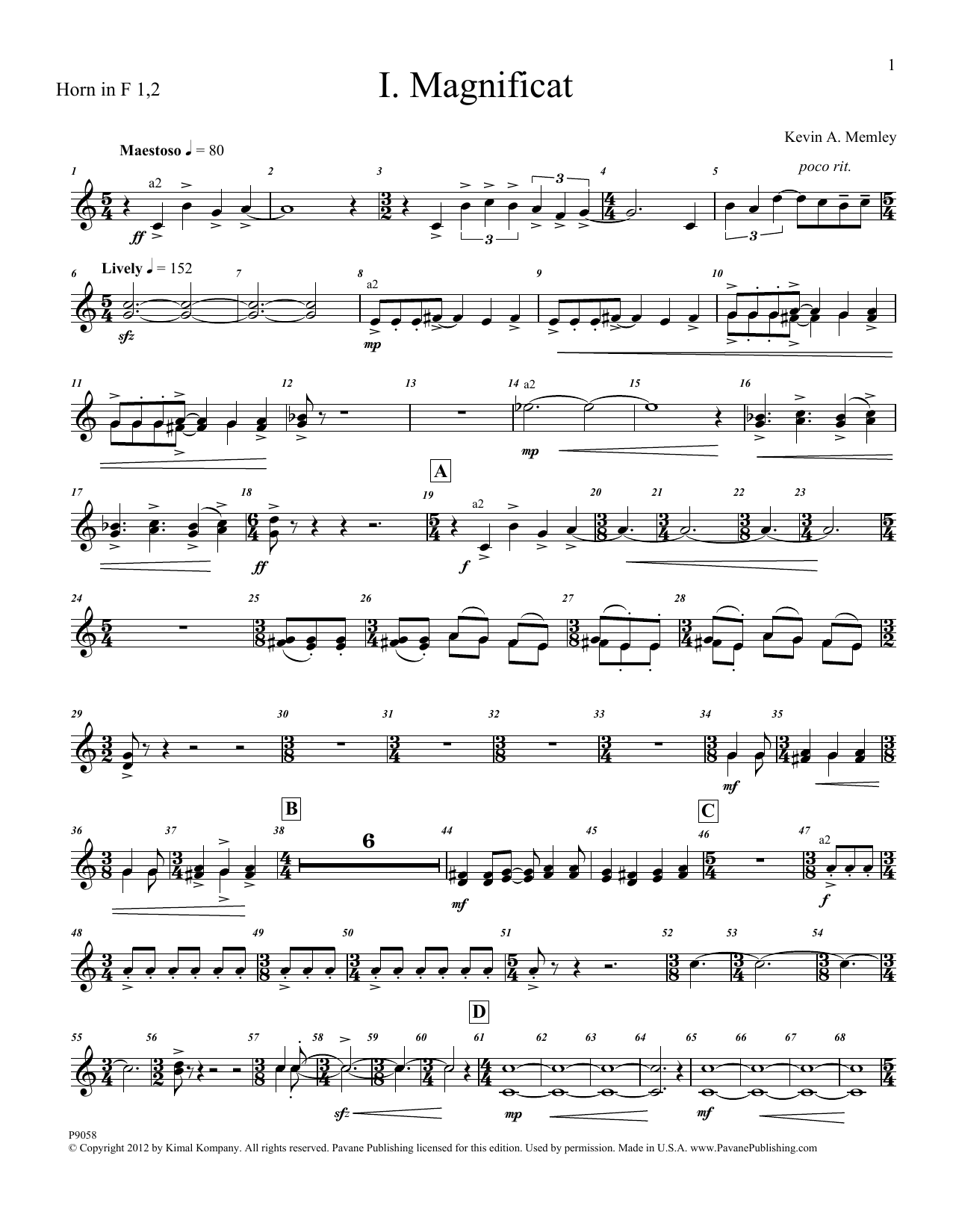 Kevin Memley Magnificat (Brass and Percussion) (Parts) - F Horn 1, 2 sheet music notes and chords arranged for Choir Instrumental Pak