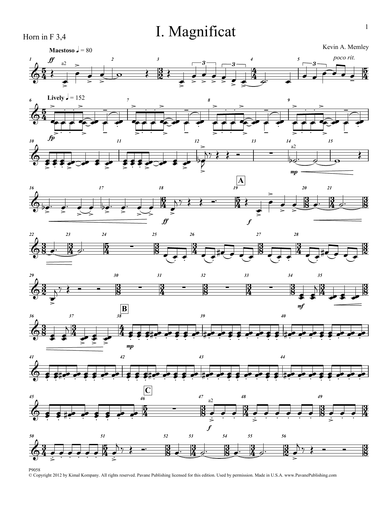 Kevin Memley Magnificat (Brass and Percussion) (Parts) - F Horn 3, 4 sheet music notes and chords arranged for Choir Instrumental Pak