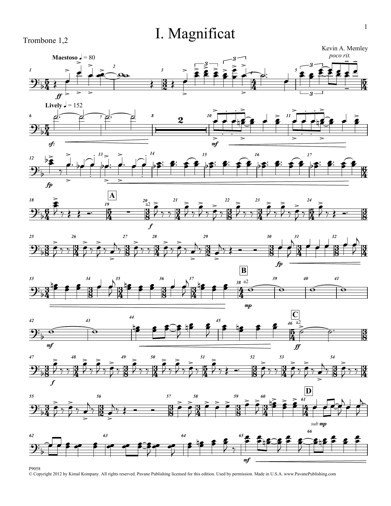 Kevin Memley Magnificat (Brass and Percussion) (Parts) - Trombone 1, 2 sheet music notes and chords arranged for Choir Instrumental Pak