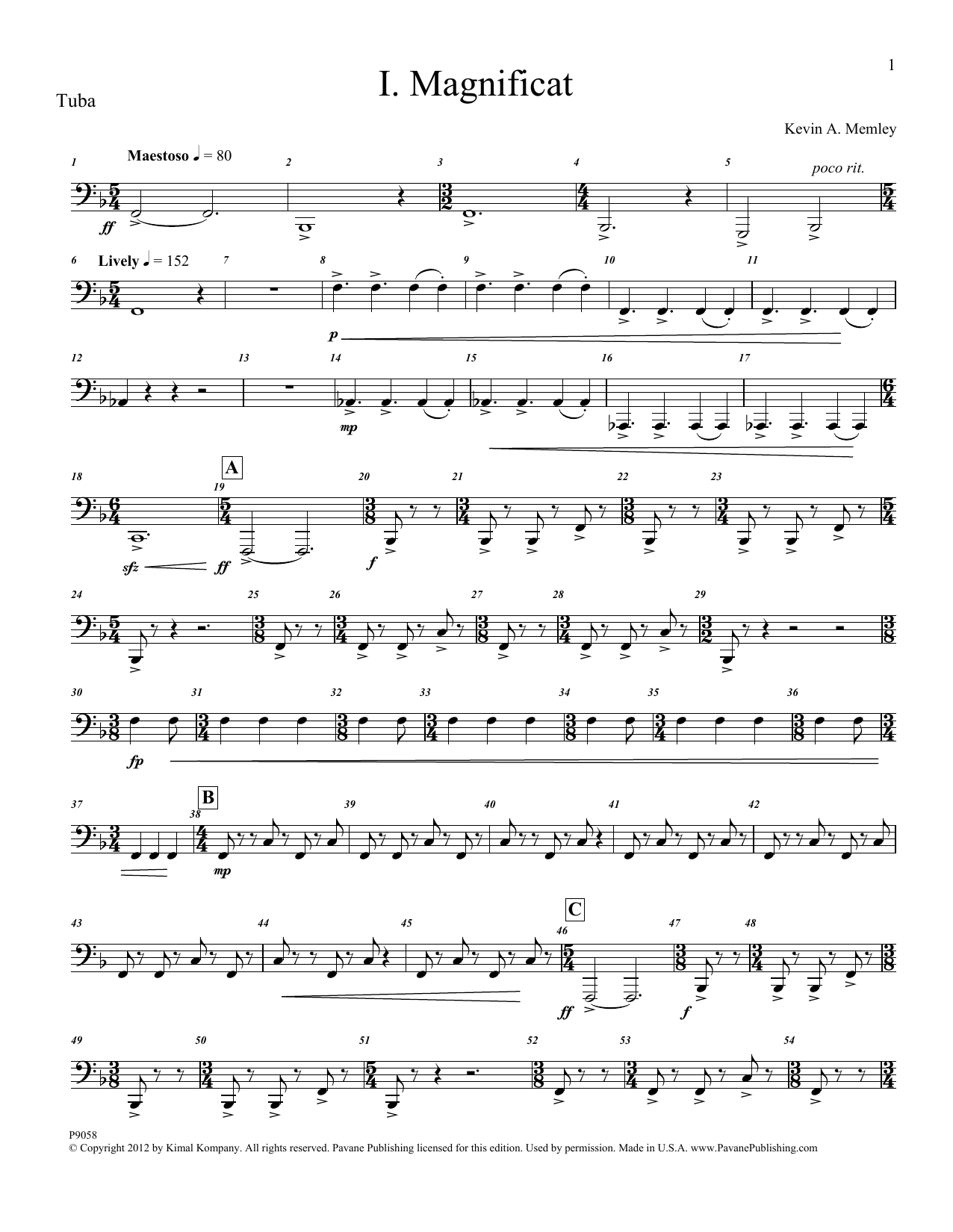 Kevin Memley Magnificat (Brass and Percussion) (Parts) - Tuba sheet music notes and chords arranged for Choir Instrumental Pak