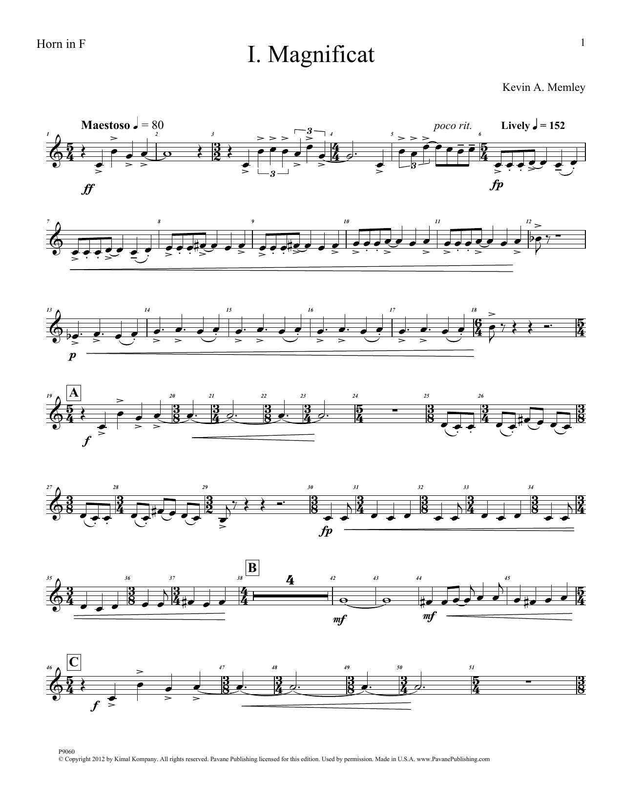 Kevin Memley Magnificat (Brass Quintet) (Parts) - Horn in F sheet music notes and chords arranged for Choir Instrumental Pak