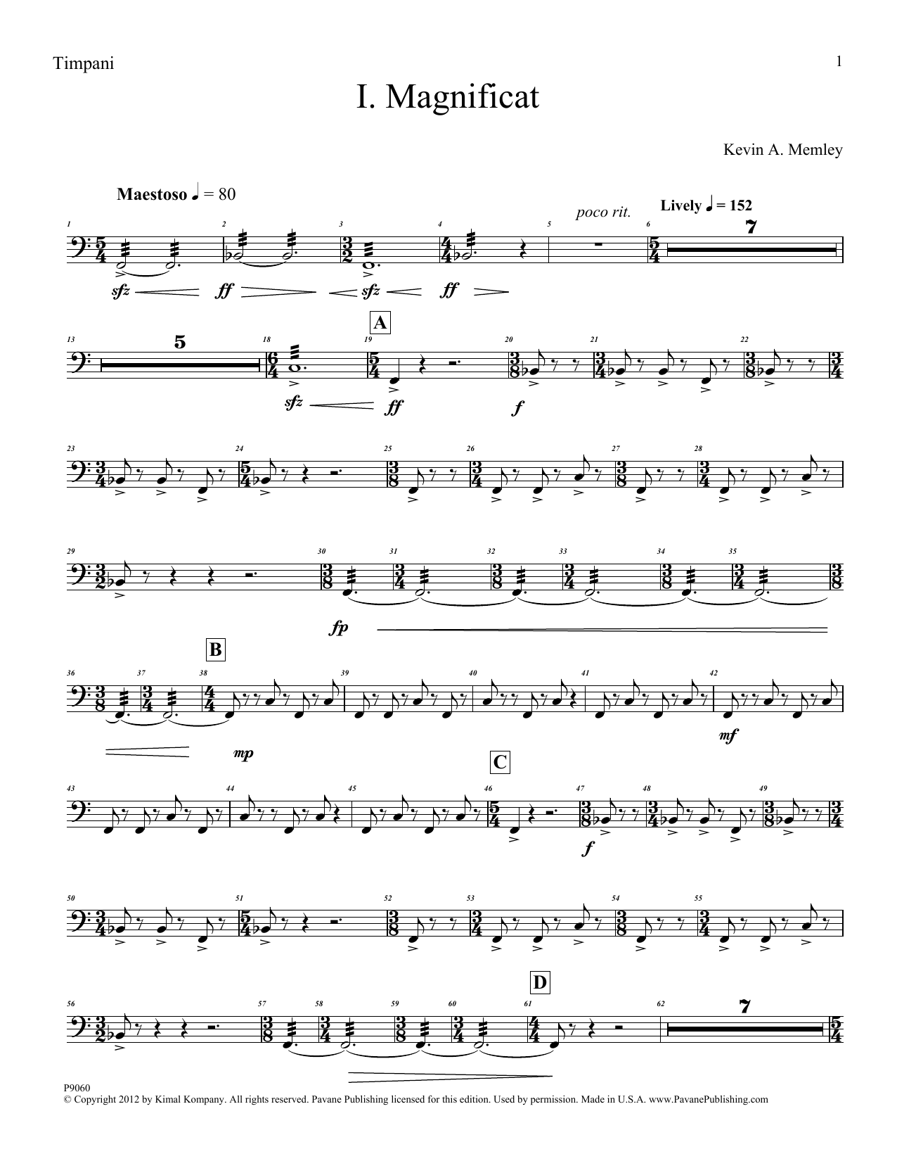 Kevin Memley Magnificat (Brass Quintet) (Parts) - Timpani sheet music notes and chords arranged for Choir Instrumental Pak