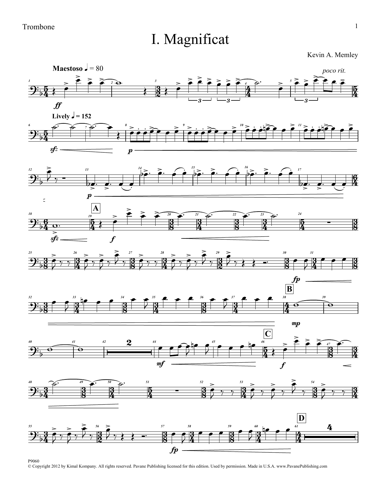 Kevin Memley Magnificat (Brass Quintet) (Parts) - Trombone sheet music notes and chords arranged for Choir Instrumental Pak