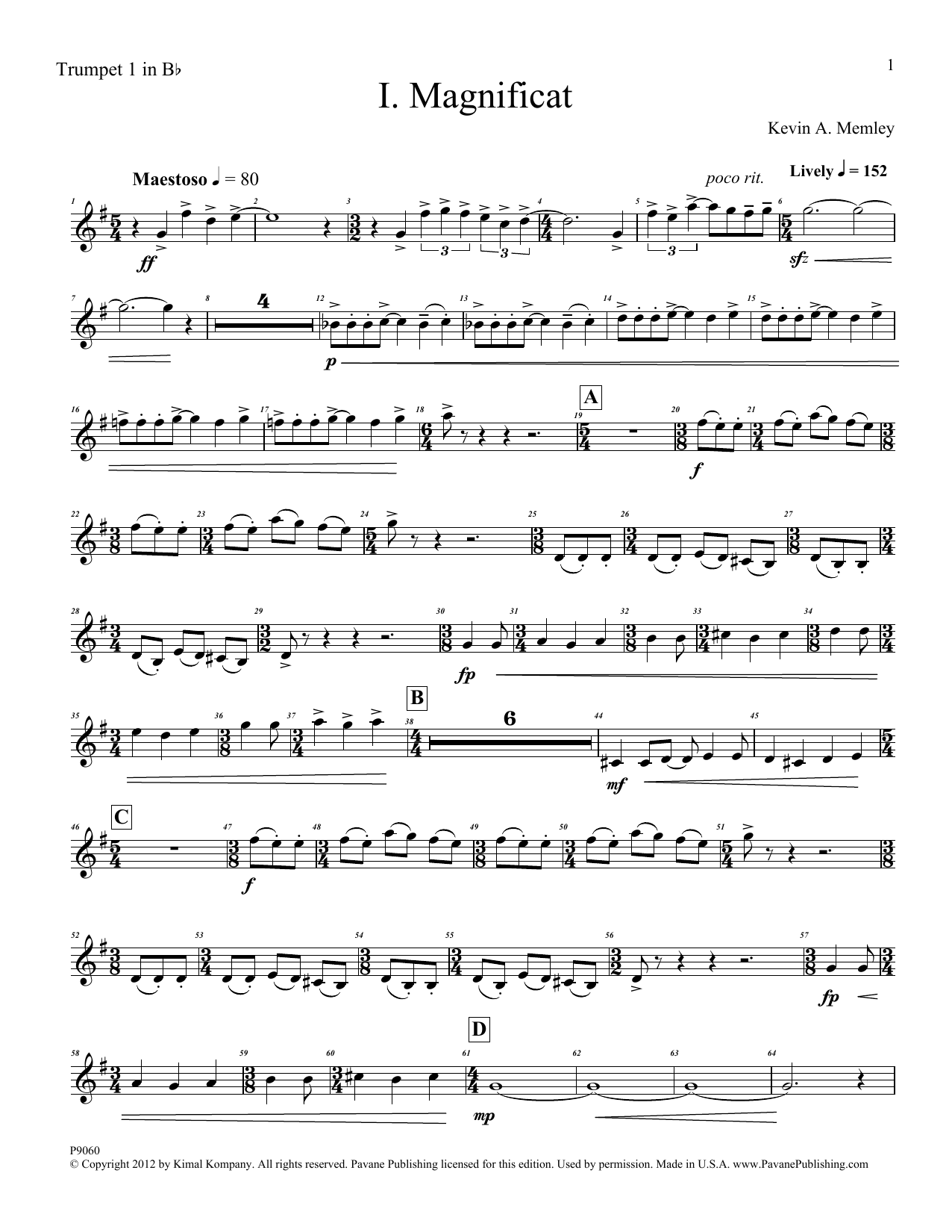 Kevin Memley Magnificat (Brass Quintet) (Parts) - Trumpet 1 in Bb sheet music notes and chords arranged for Choir Instrumental Pak