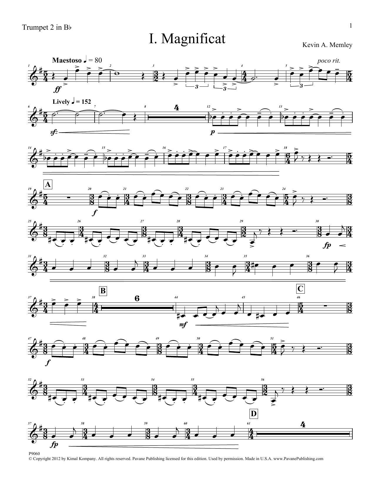 Kevin Memley Magnificat (Brass Quintet) (Parts) - Trumpet 2 in Bb sheet music notes and chords arranged for Choir Instrumental Pak