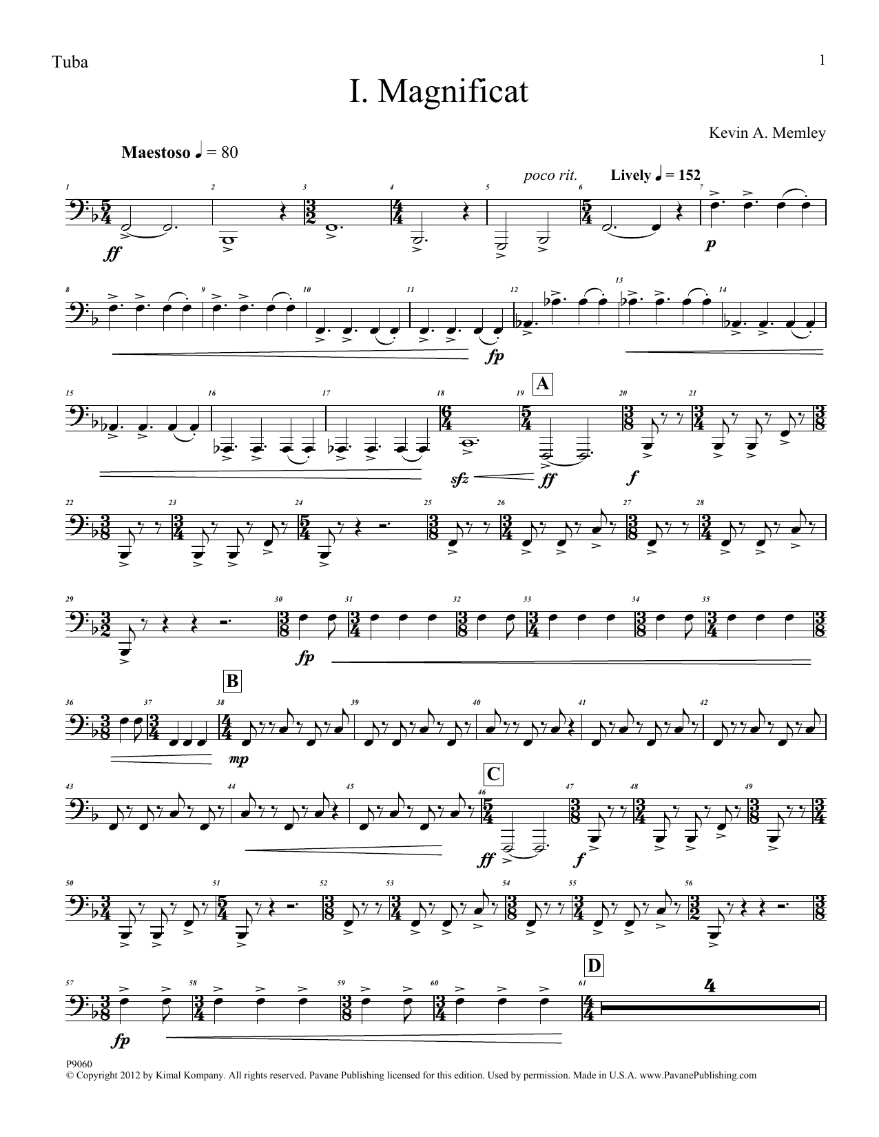Kevin Memley Magnificat (Brass Quintet) (Parts) - Tuba sheet music notes and chords arranged for Choir Instrumental Pak