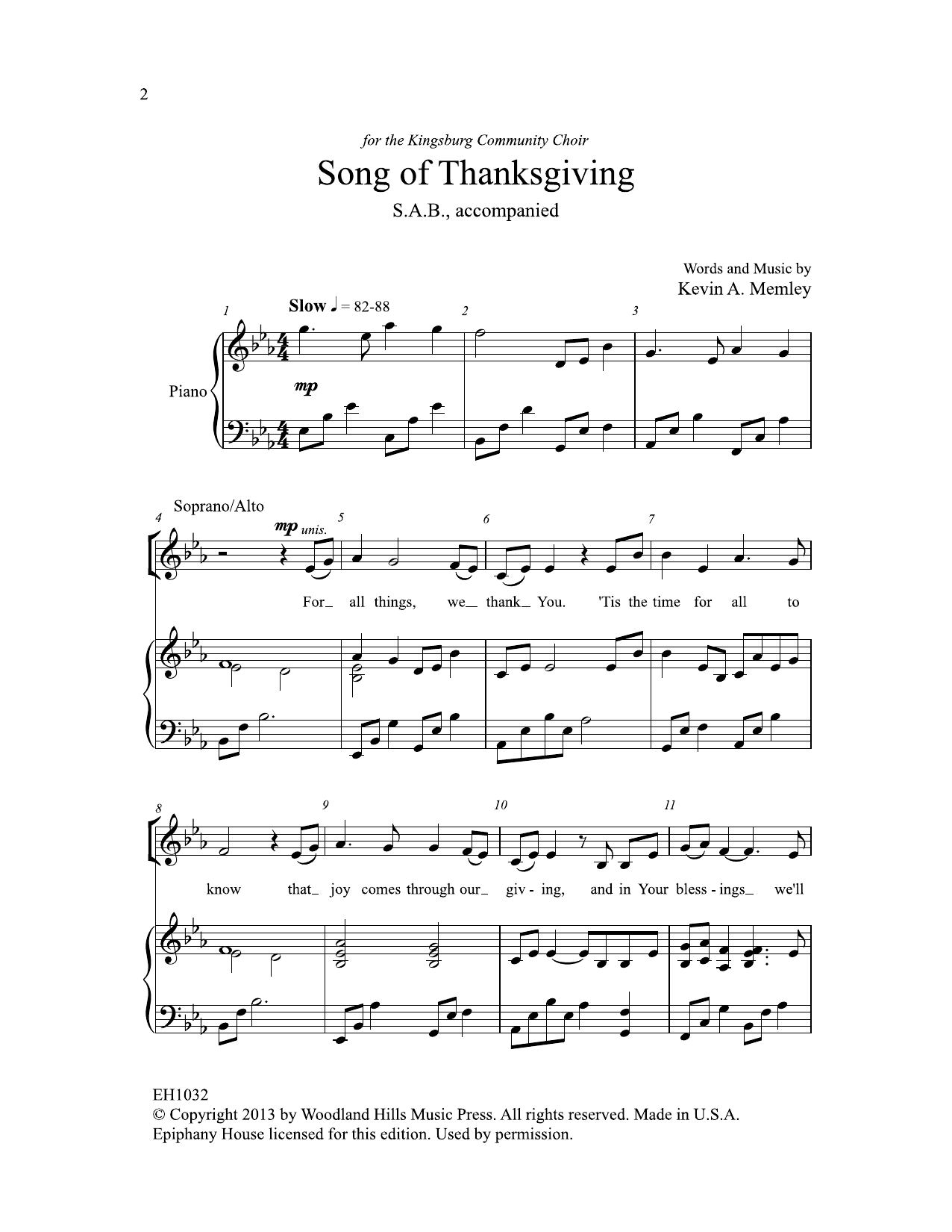 Kevin Memley Song Of Thanksgiving sheet music notes and chords arranged for SAB Choir