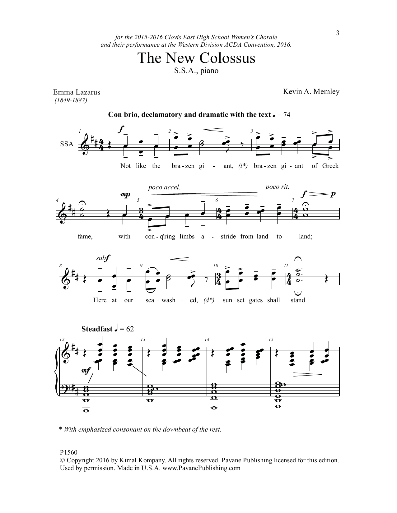 Kevin Memley The New Colossus sheet music notes and chords arranged for SATB Choir