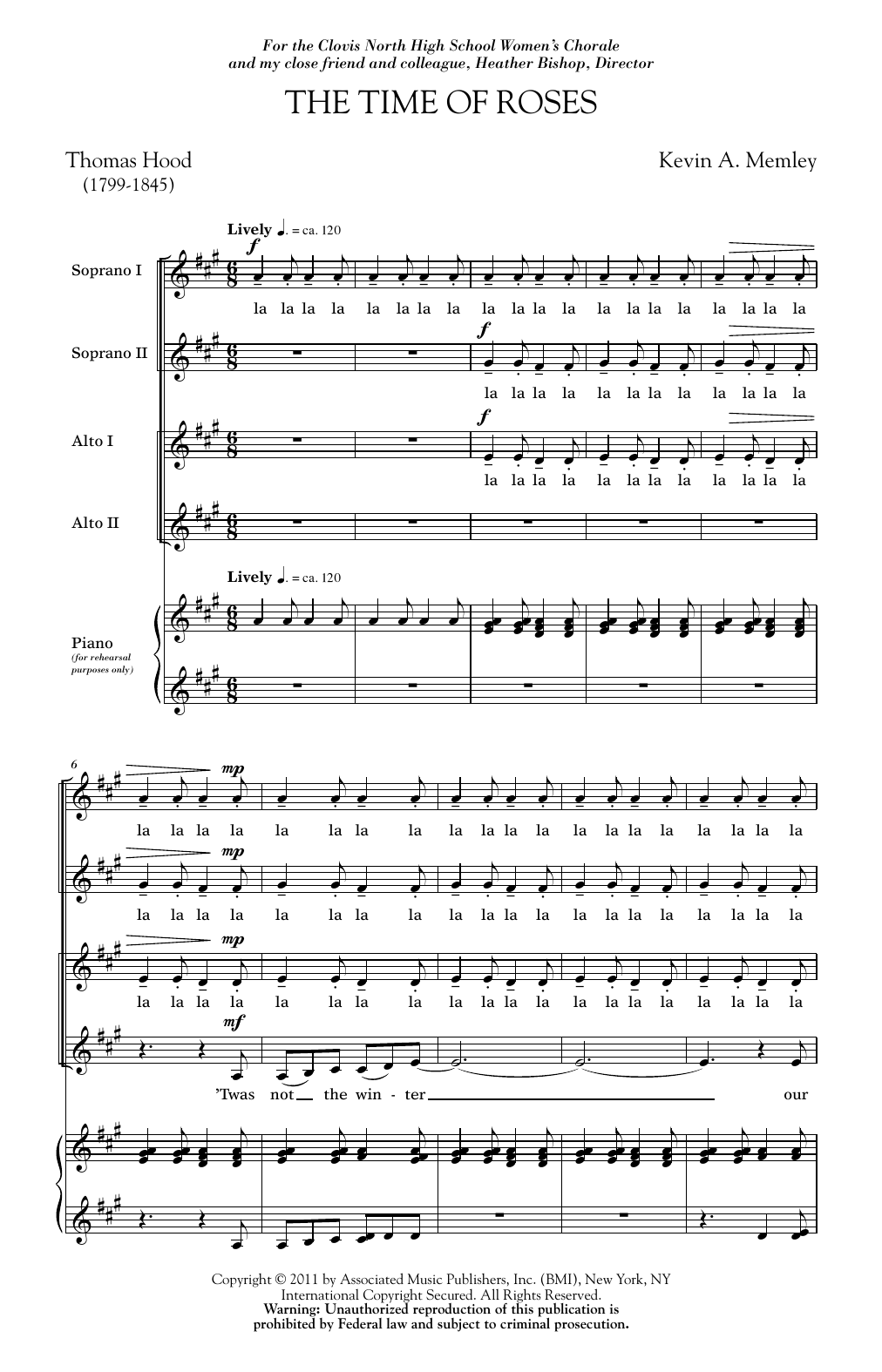 Kevin Memley The Time Of Roses sheet music notes and chords arranged for SSA Choir