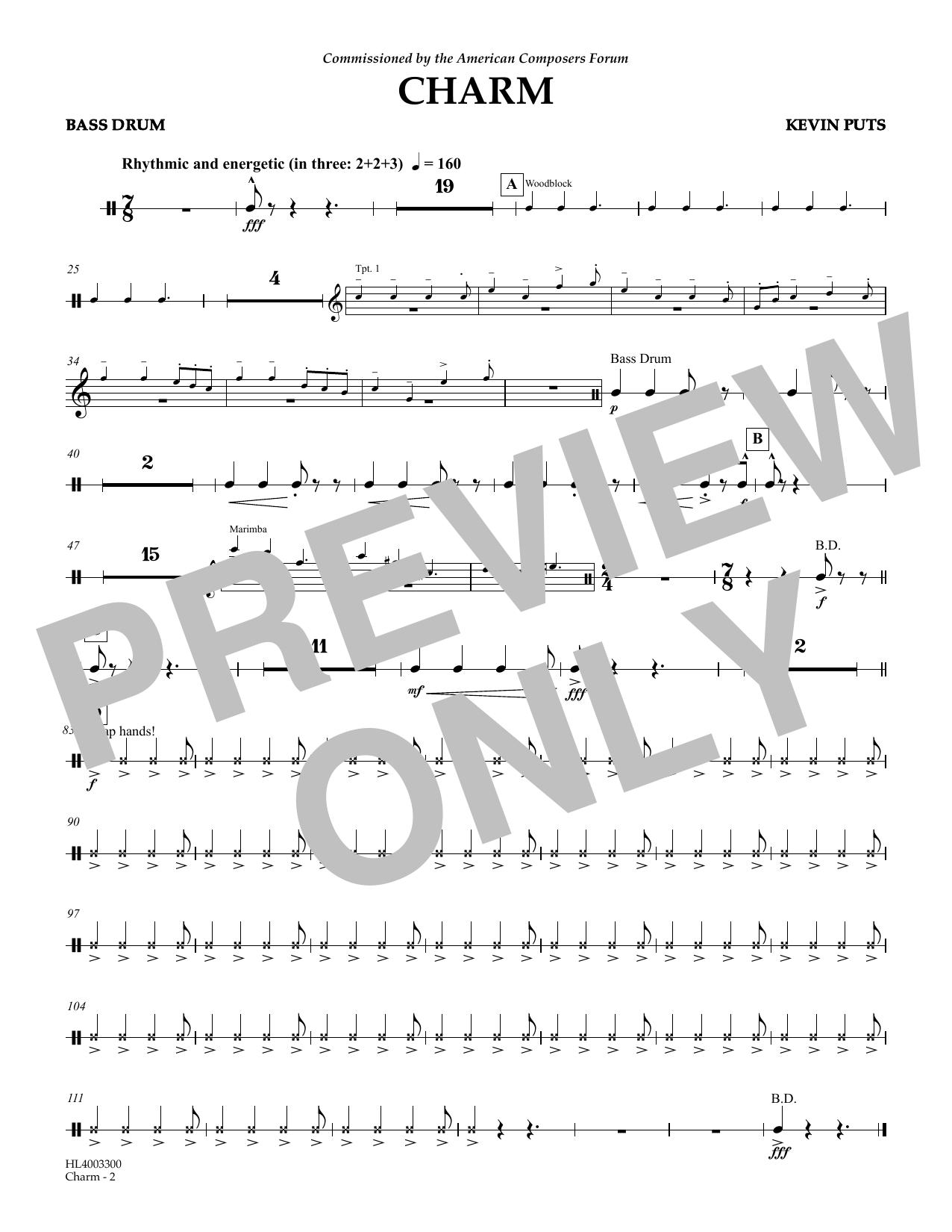 Kevin Puts Charm - Bass Drums sheet music notes and chords arranged for Concert Band
