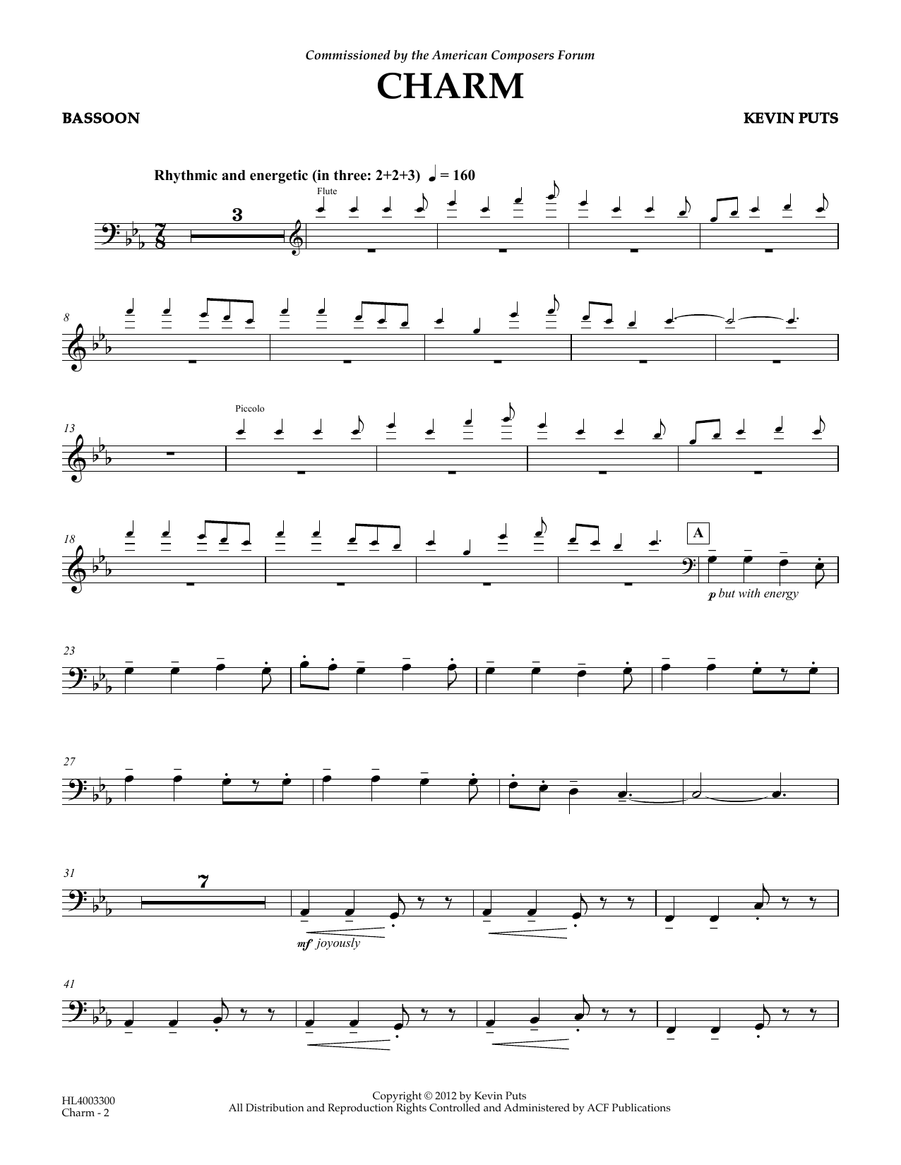 Kevin Puts Charm - Bassoon (opt.) sheet music notes and chords arranged for Concert Band