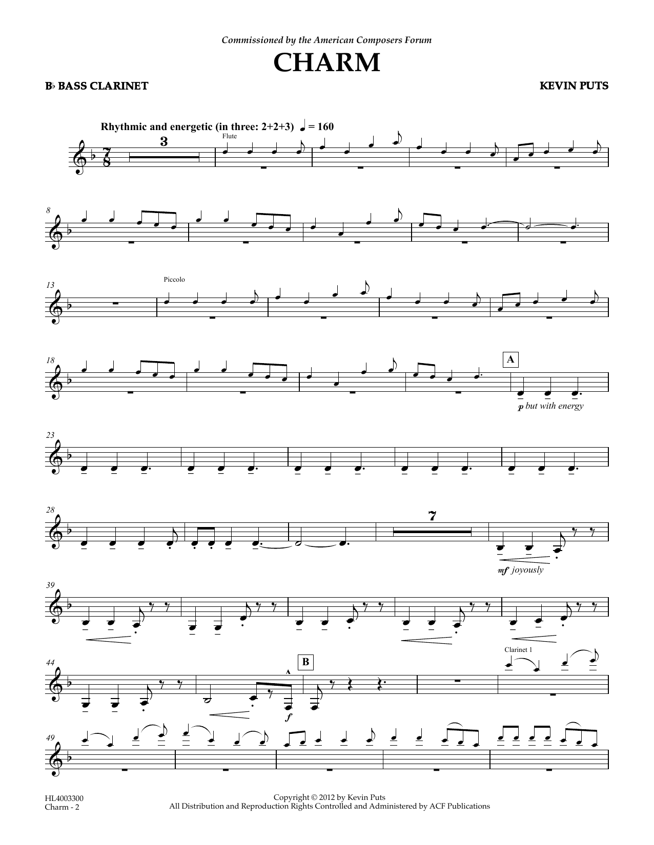 Kevin Puts Charm - Bb Bass Clarinet sheet music notes and chords arranged for Concert Band