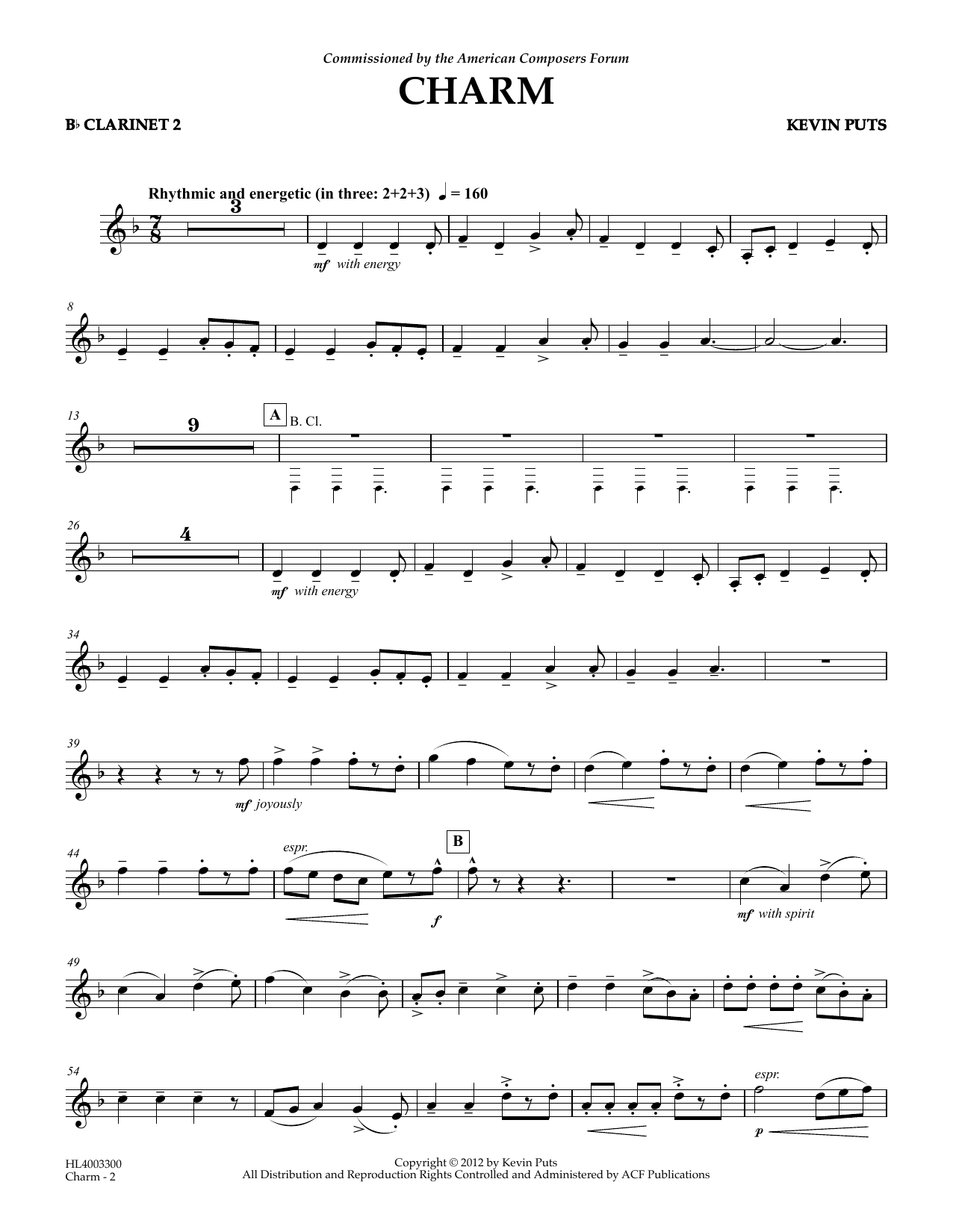 Kevin Puts Charm - Bb Clarinet 2 sheet music notes and chords arranged for Concert Band