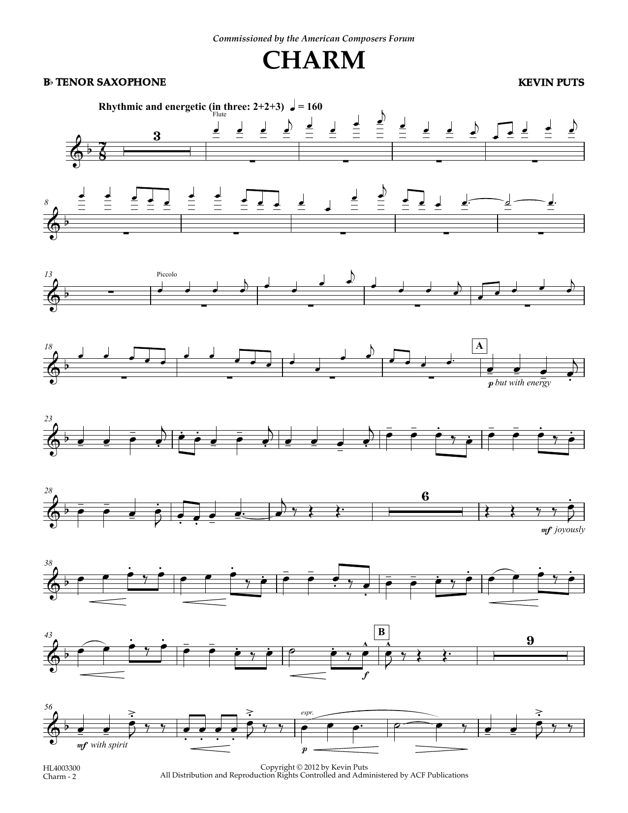 Kevin Puts Charm - Bb Tenor Saxophone sheet music notes and chords arranged for Concert Band