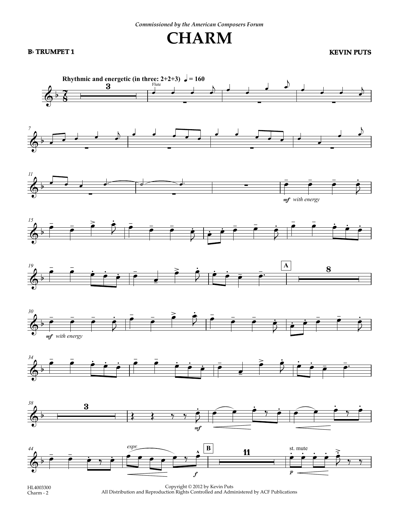 Kevin Puts Charm - Bb Trumpet 1 sheet music notes and chords arranged for Concert Band